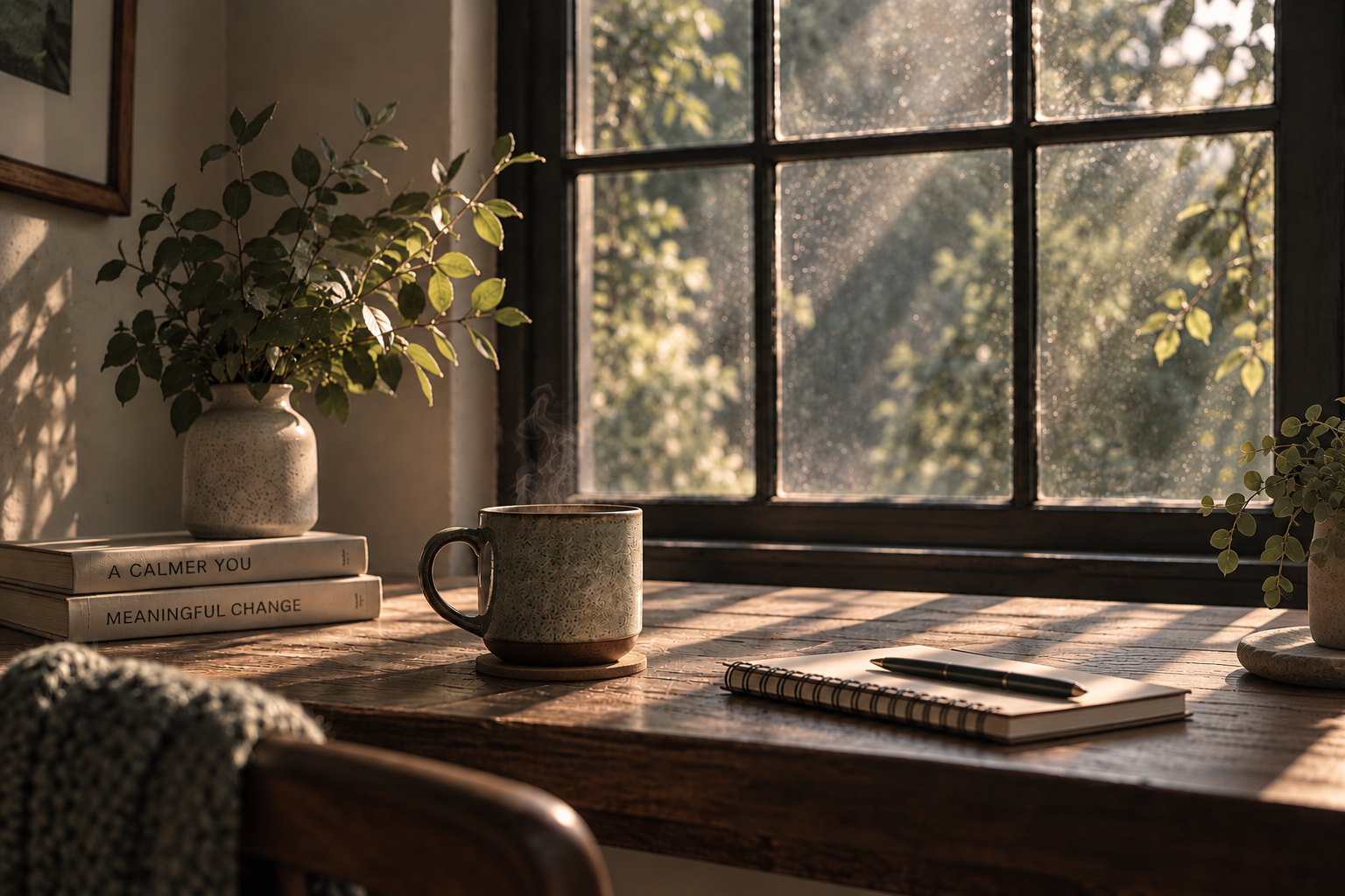 Sunlit wooden desk with a mug, notebook, books and a potted plant.
