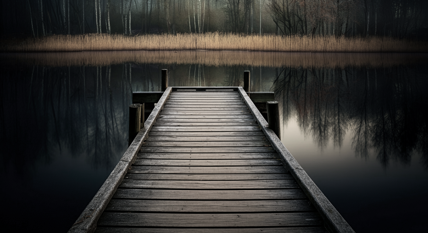 Wooden dock extending into a calm lake surrounded by forest.
