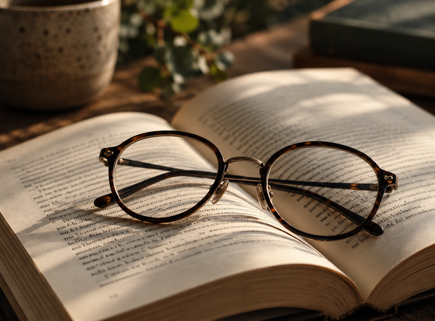 Glasses resting on an open book in sunlight.