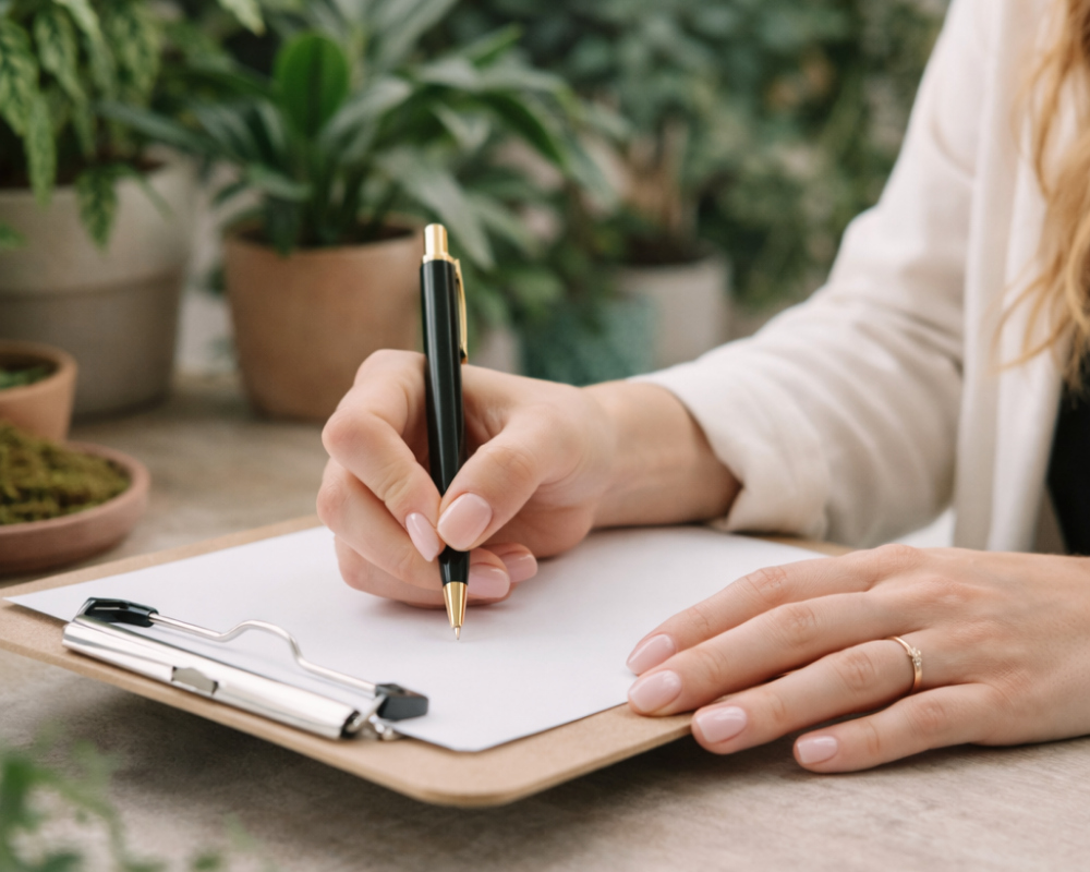 Person writing on a clipboard in a calm office setting, representing collaborative therapy services