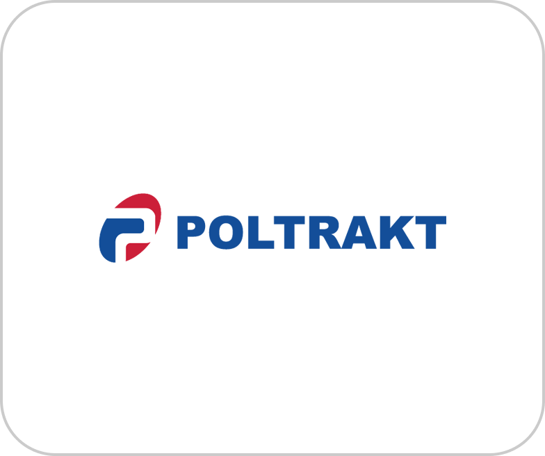 Poltrakt logo featuring a stylized 'P' in red and blue with the company name in bold blue letters.