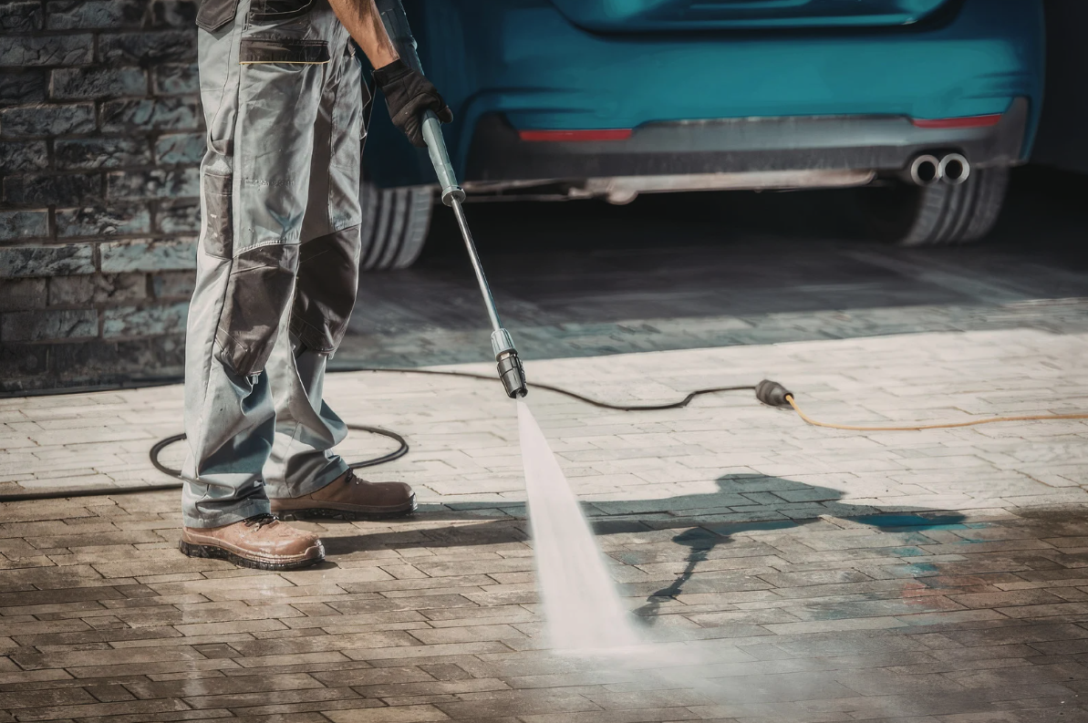 Clean power wash concrete driveway