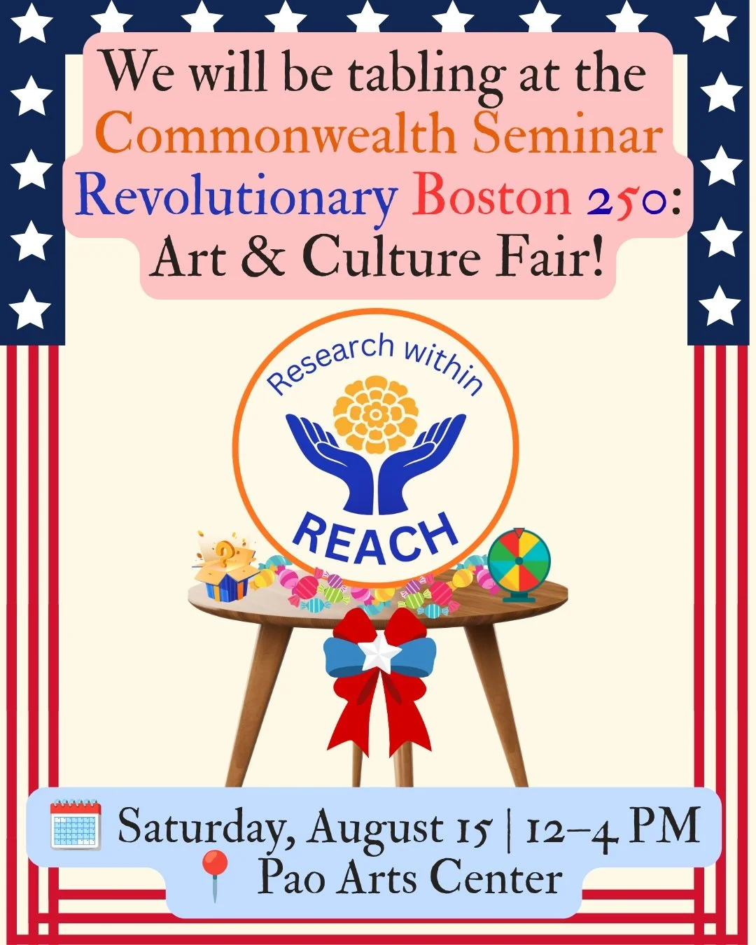 🎨✨ THIS SATURDAY! ✨🎨

@researchwithinreach_ will be tabling at @commonwealthseminar's Revolutionary Boston 250: Art &amp; Culture Fair at the Pao Arts Center this Saturday, August 15 from 12&ndash;4 PM!

Free adssion
✨ Free admission
📍 Pao Arts Ce