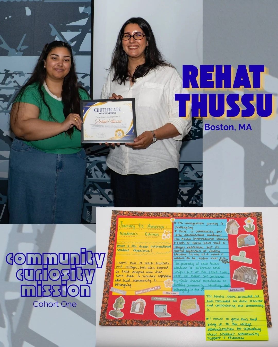 Based in Boston, identifying as a South Asian immigrant from India, Rehat focused her community curiosity mission on exploring the experiences of Asian international students at her alma mater, Mount Holyoke College @mtholyoke.

Specifically, she int