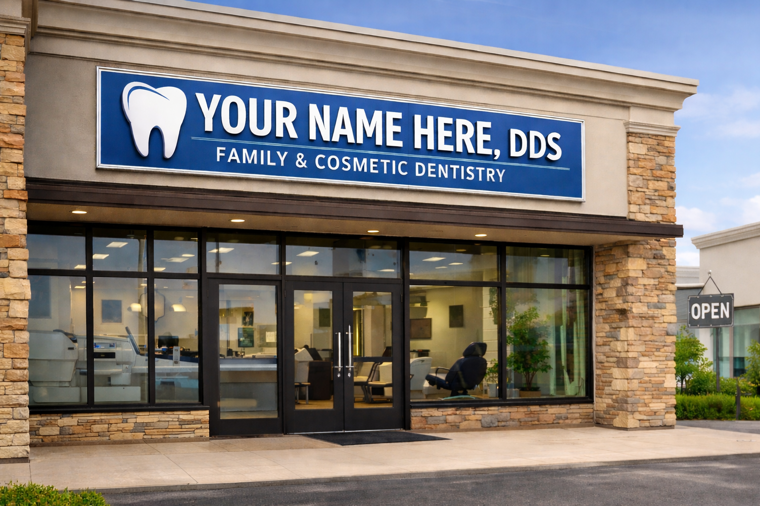 an image of a dental practice storefront with a sign on the front with the words: "Your Name Here, DDS: Family & Cosmetic Dentistry" with a molar as a logo next to it on a blue background