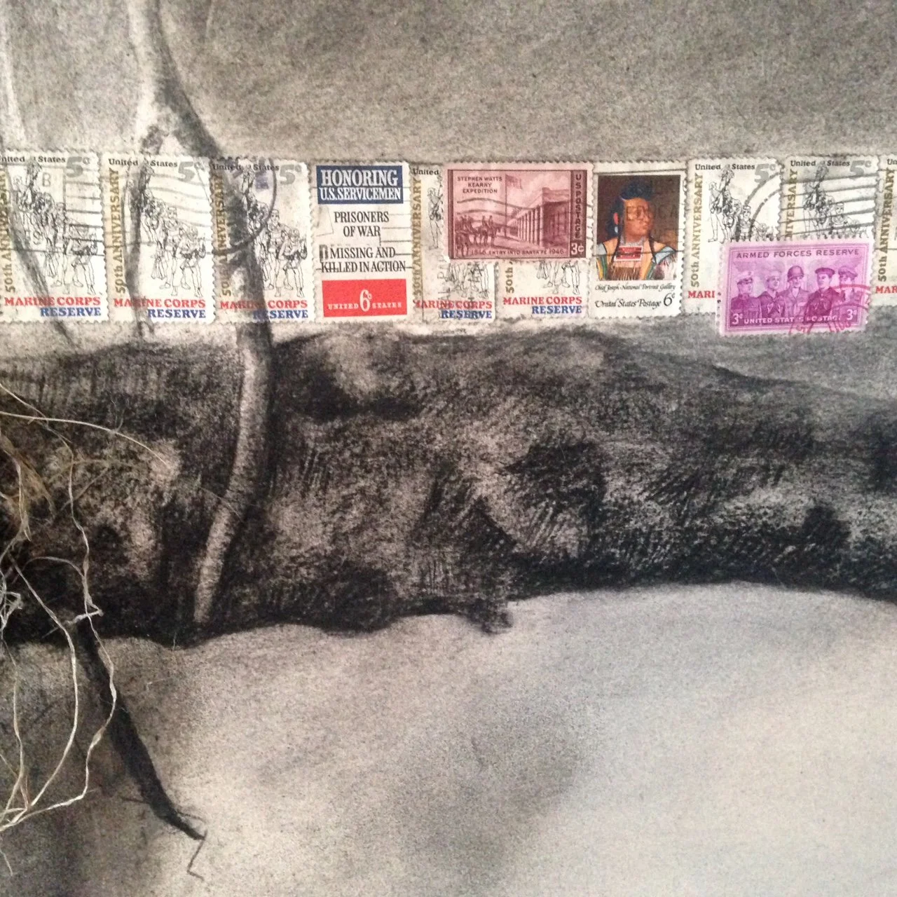 E Pluribus Unum - Detail 3 ~ Charcoal on cotton rag paper, vintage postage stamps, prairie grasses