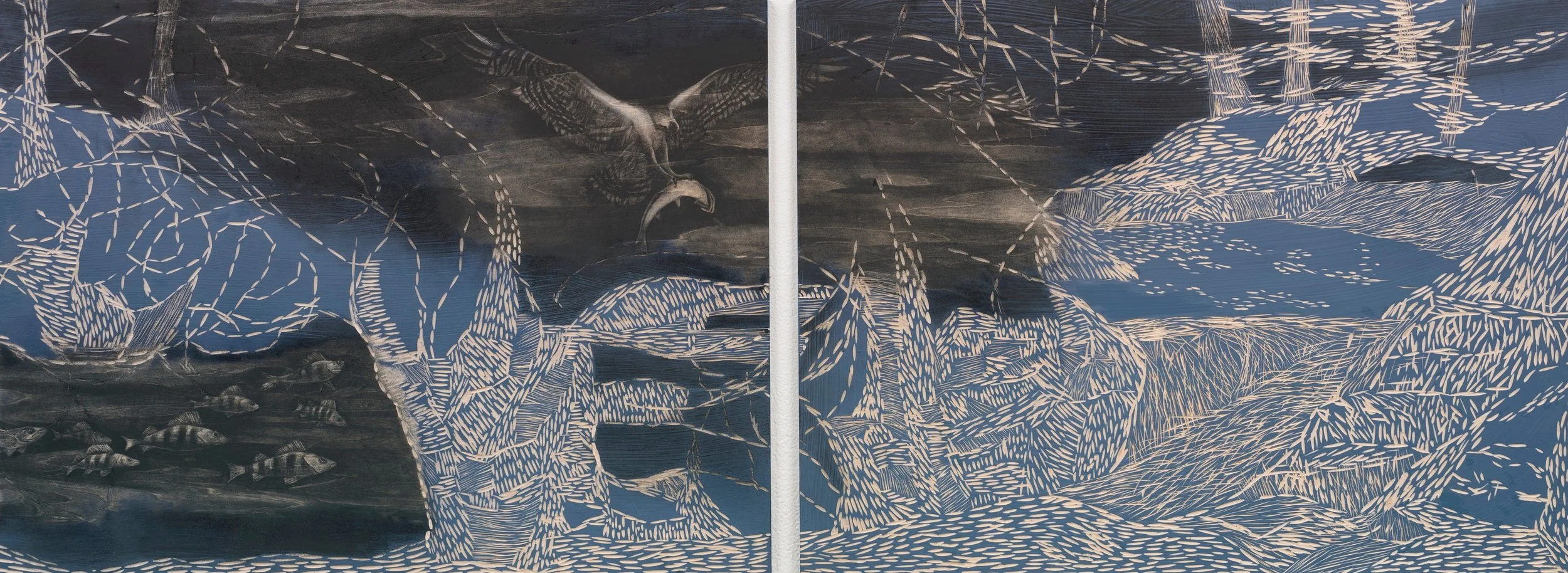 Temperance River ~ 24" x 48" ~ Carved basswood, acrylic, charcoal