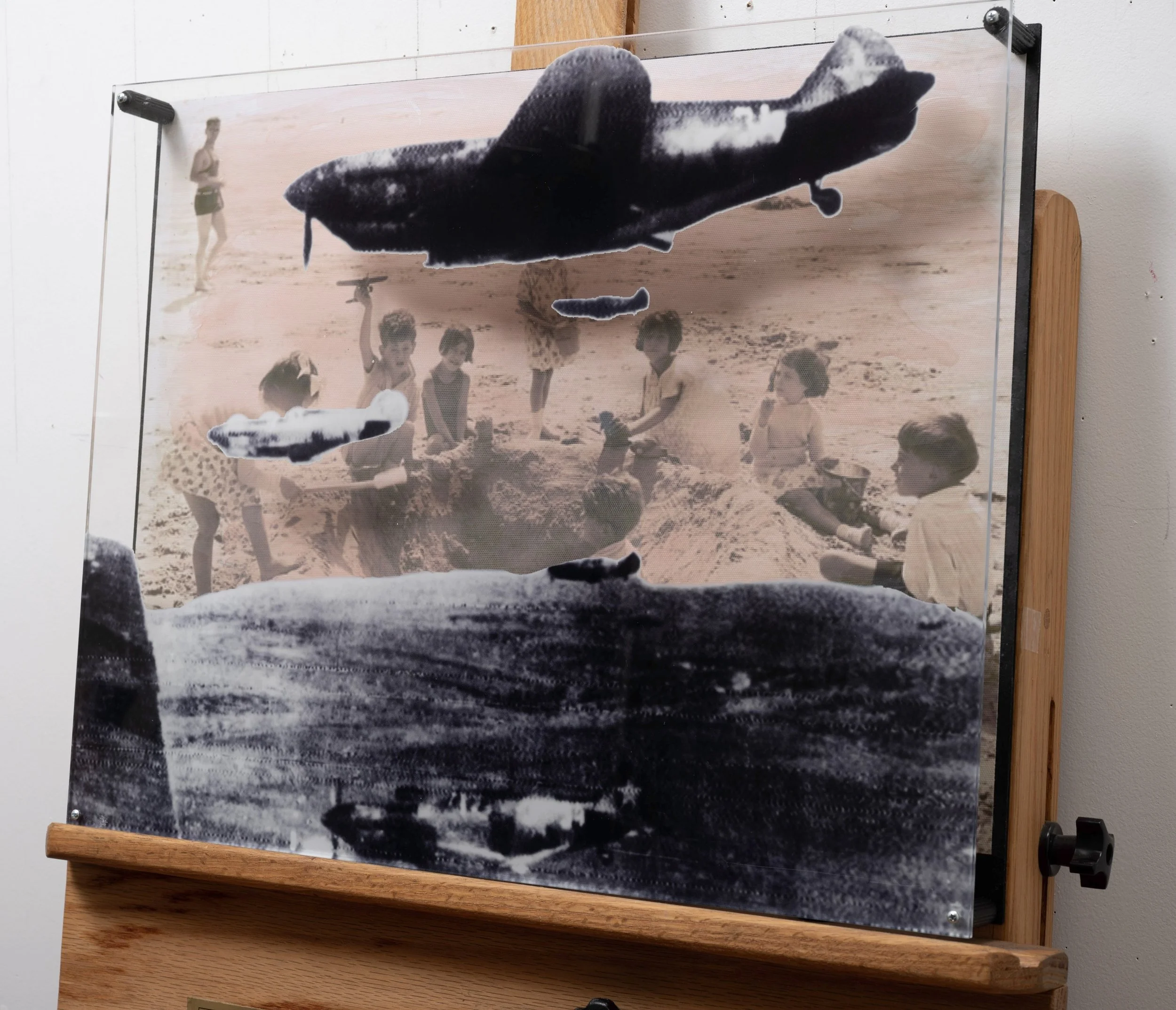 Day At The Beach 01 ~ 16" x 20" ~ Historic photos, vintage postage stamps, watercolors