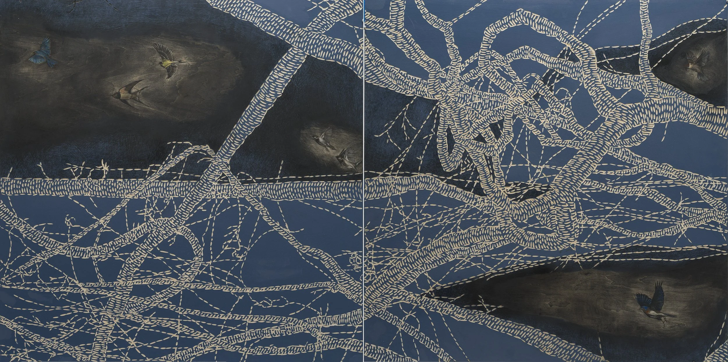 Spring Flight Bluff Creek ~ 32" x 58" ~ Carved basswood, acrylic, charcoal