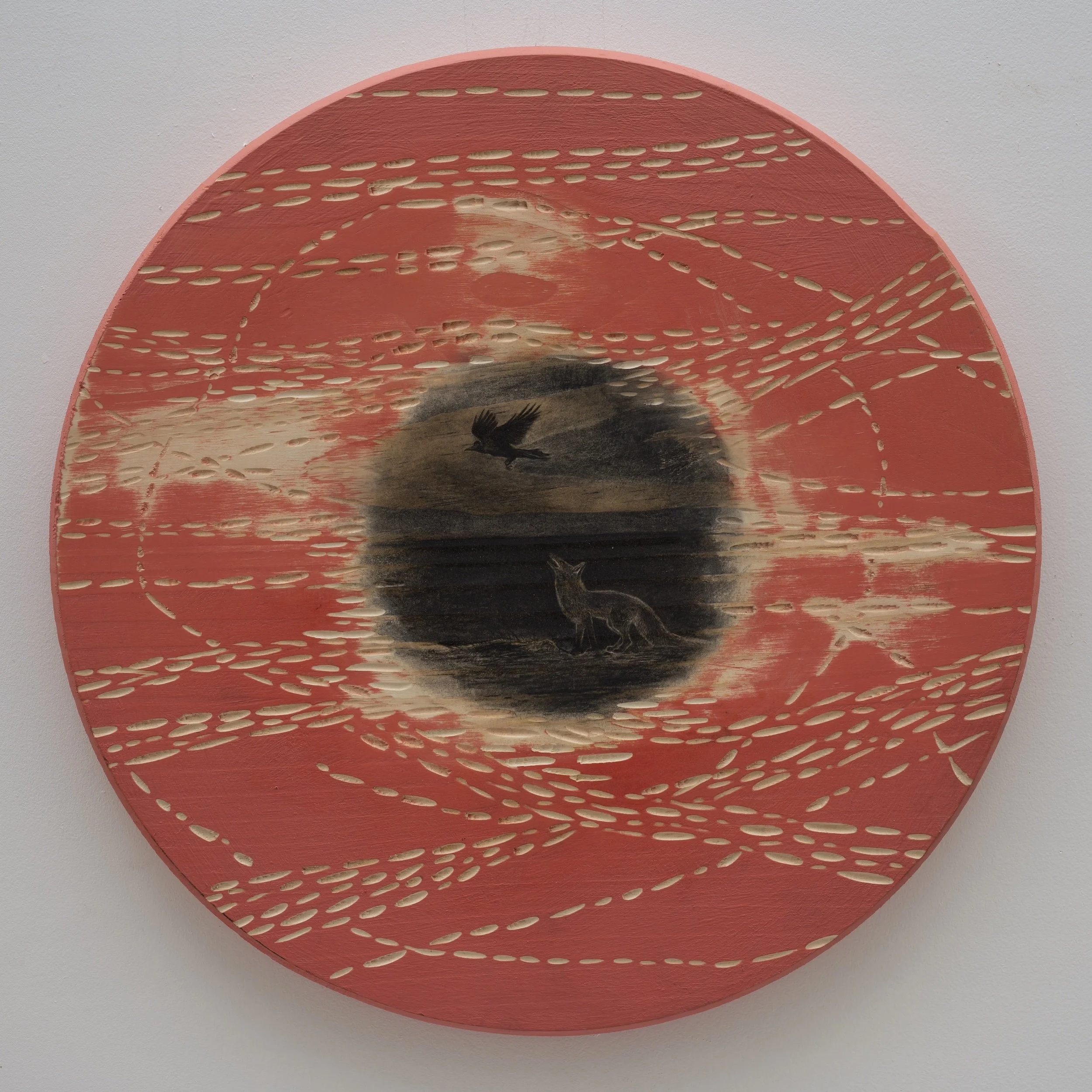 A Night With Fox And Crow ~ 19" round ~ Carved basswood, acrylic, charcoal