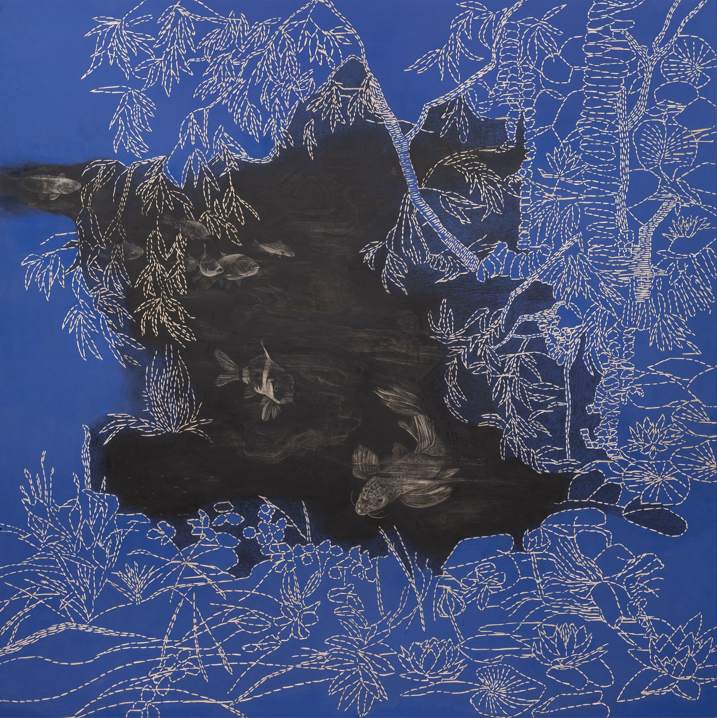 West Lakeside Water Lilies ~ 60" x 60" ~ Carved basswood, acrylic, charcoal