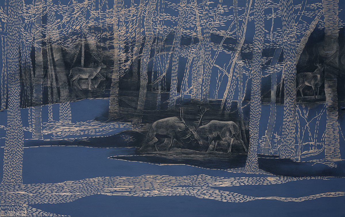 Battle At The River Bottom ~ 36" x 48" ~ Carved basswood, acrylic, charcoal