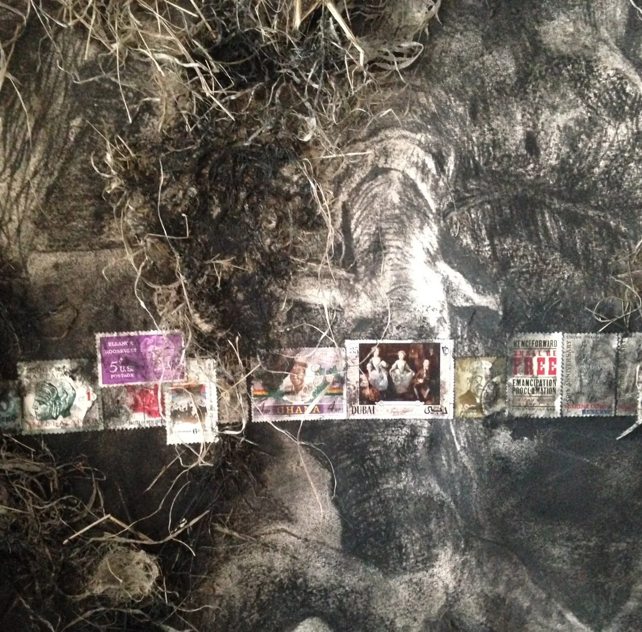 E Pluribus Unum - Detail 1 ~ Charcoal on cotton rag paper, vintage postage stamps, prairie grasses