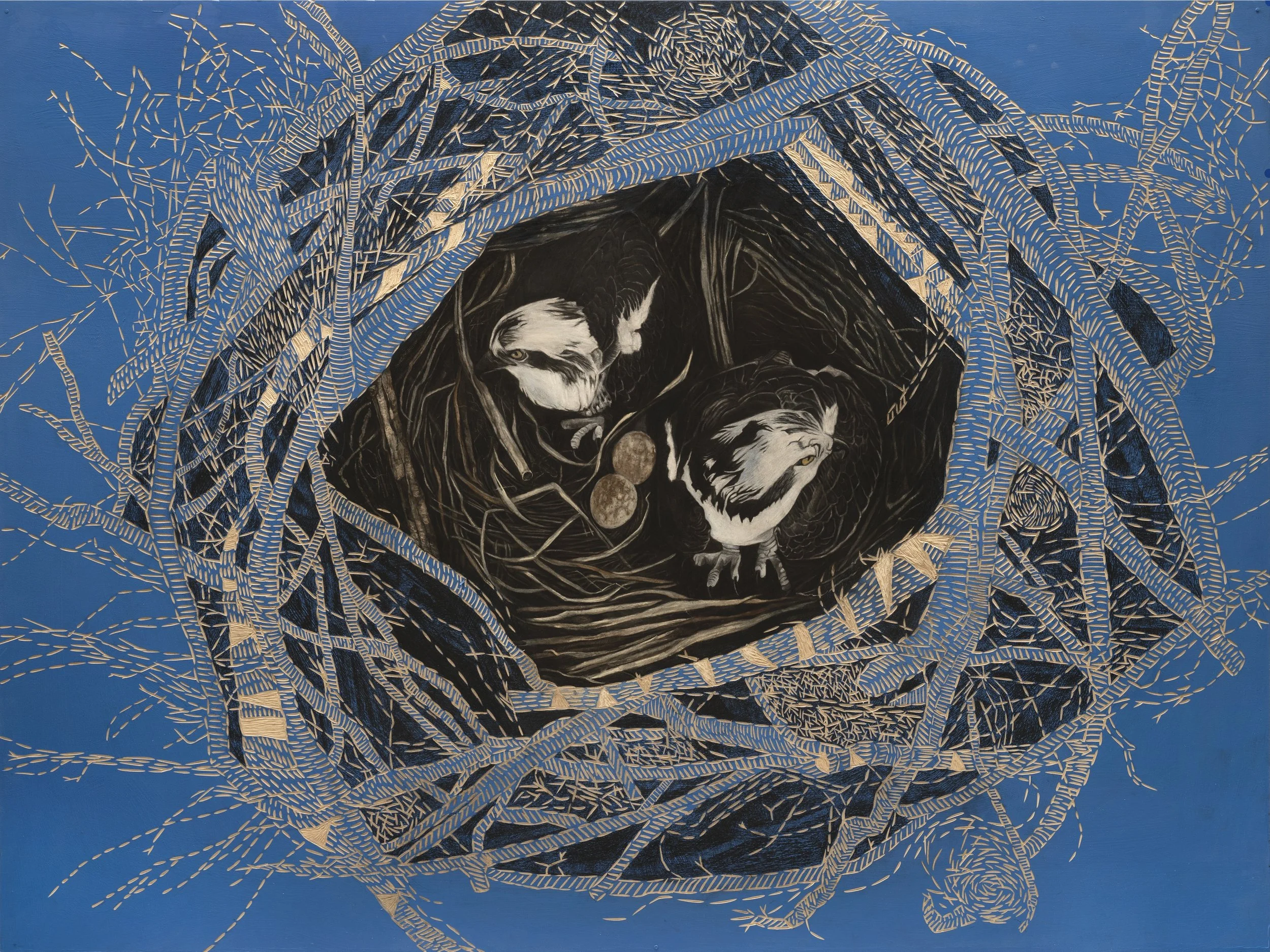 At The RIver's Edge ~ 36" x 48" ~ Carved basswood, acrylic, charcoal