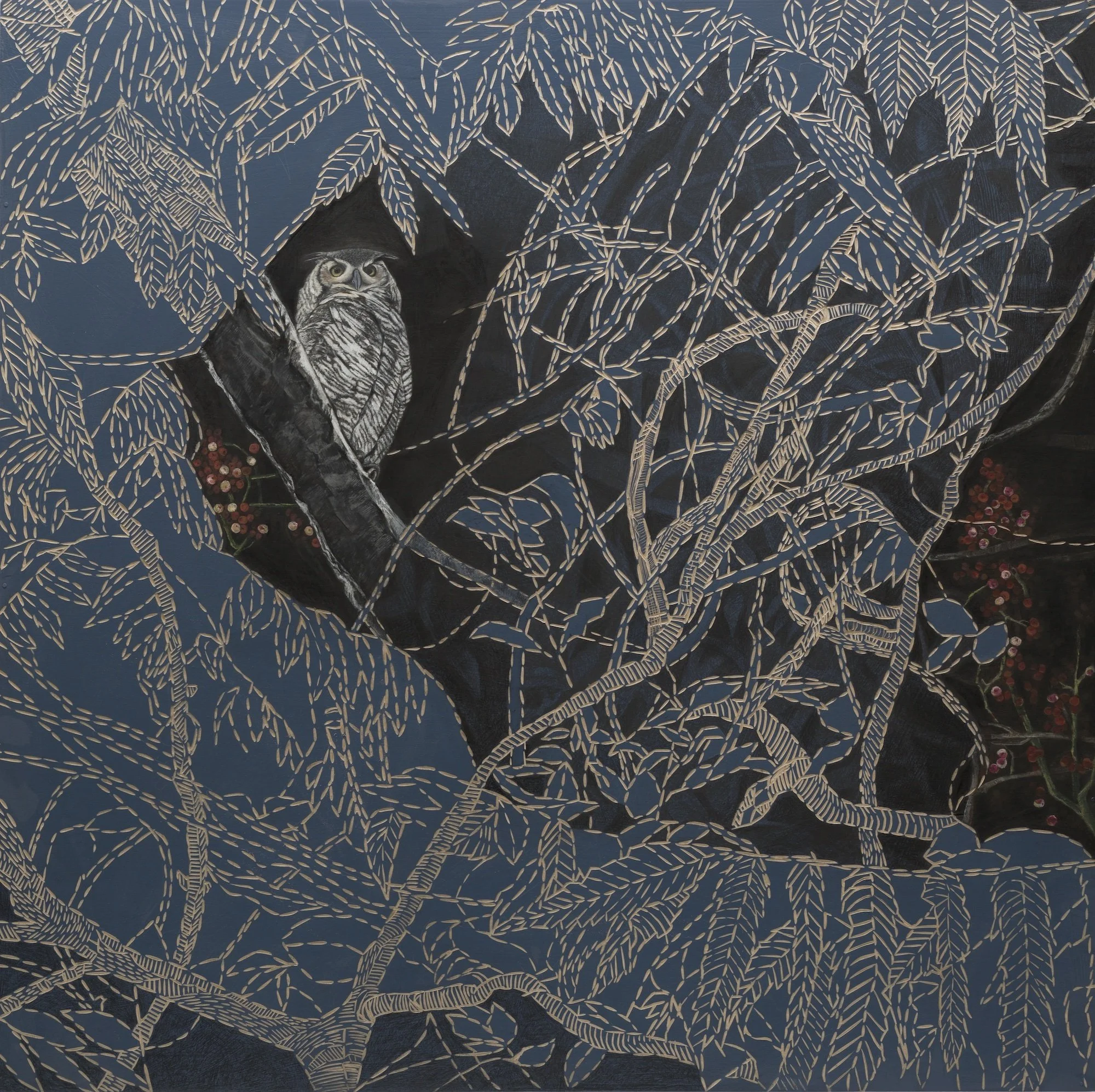 Summer Dream No. 2 ~ 36" x 36" ~ Carved basswood, acrylic, charcoal