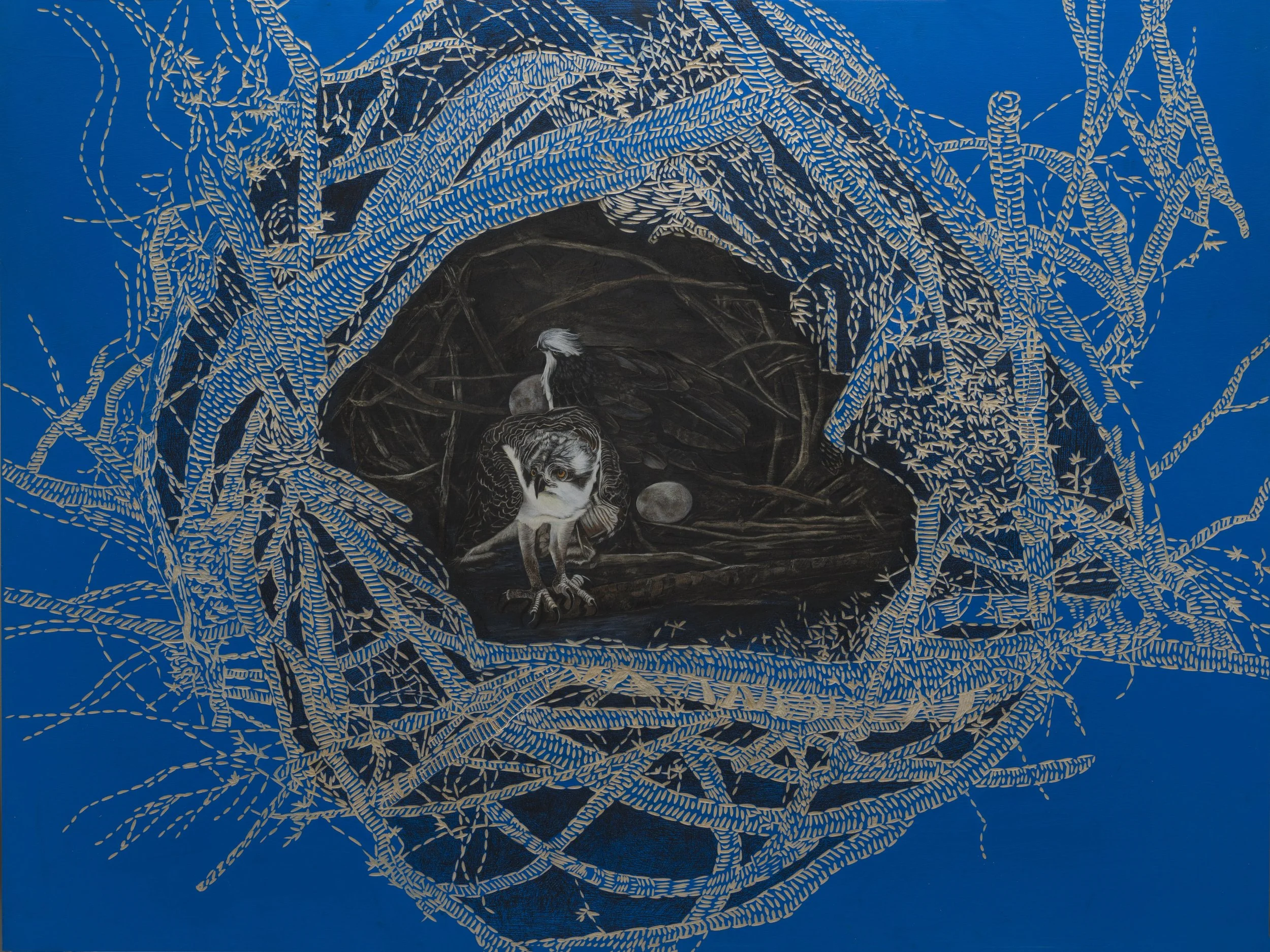 Over Deep Waters ~ 36" x 48" ~ Carved basswood, acrylic, charcoal