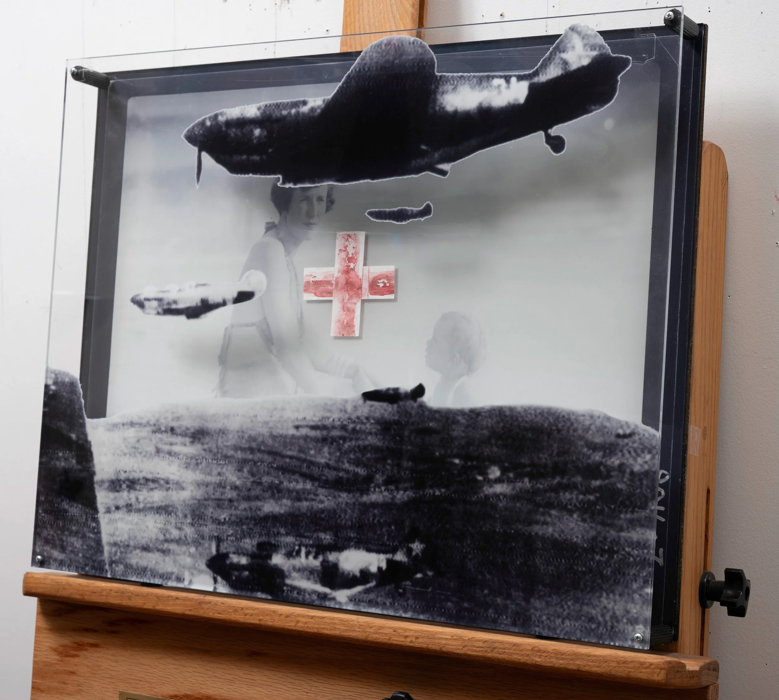 Day At The Beach 02 ~ 16" x 20" ~ Historic photos, vintage postage stamps, watercolors