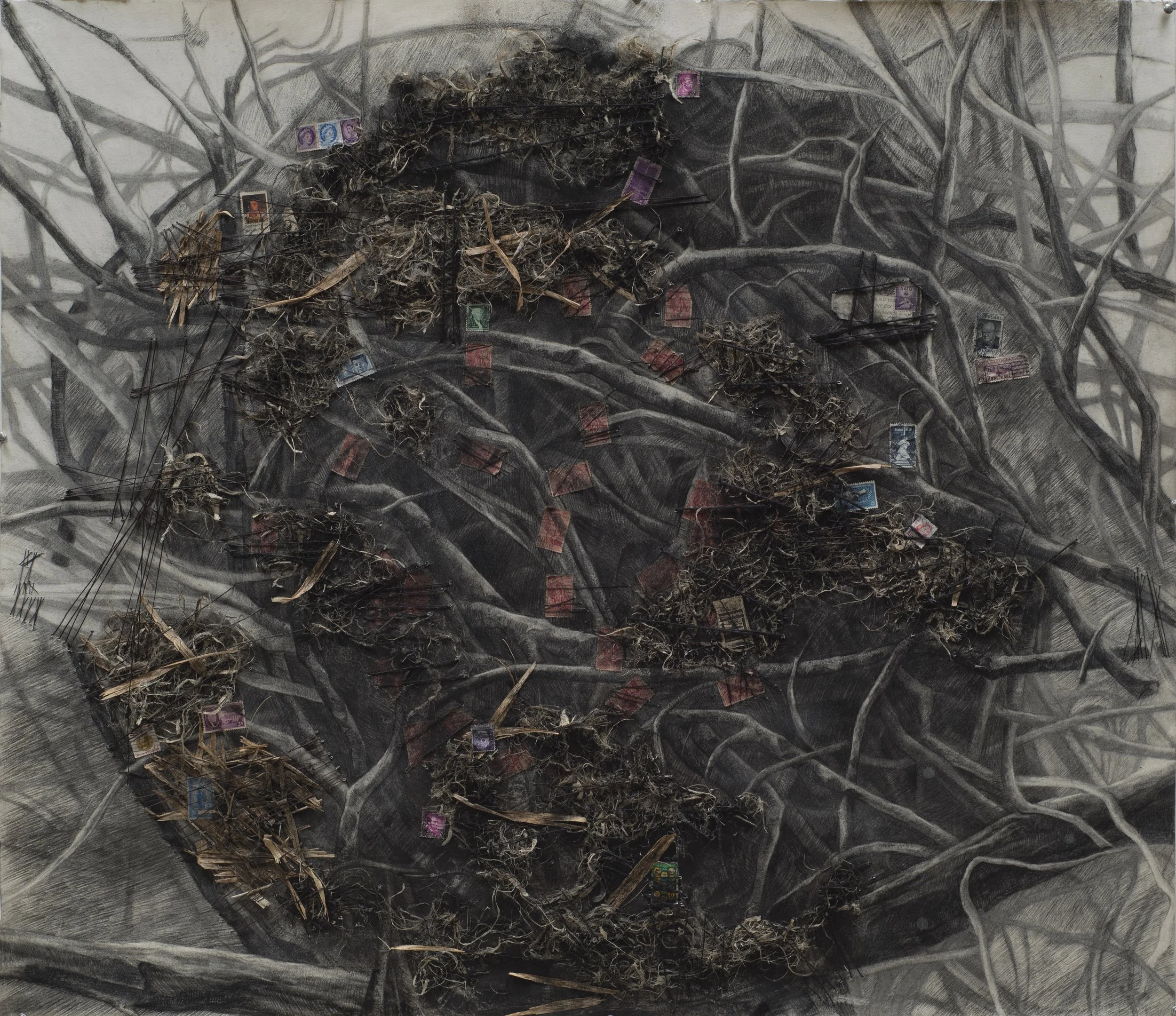 E Pluribus Unum No. 2 ~ 42" x 42" ~ Charcoal on cotton rag paper, vintage postage stamps