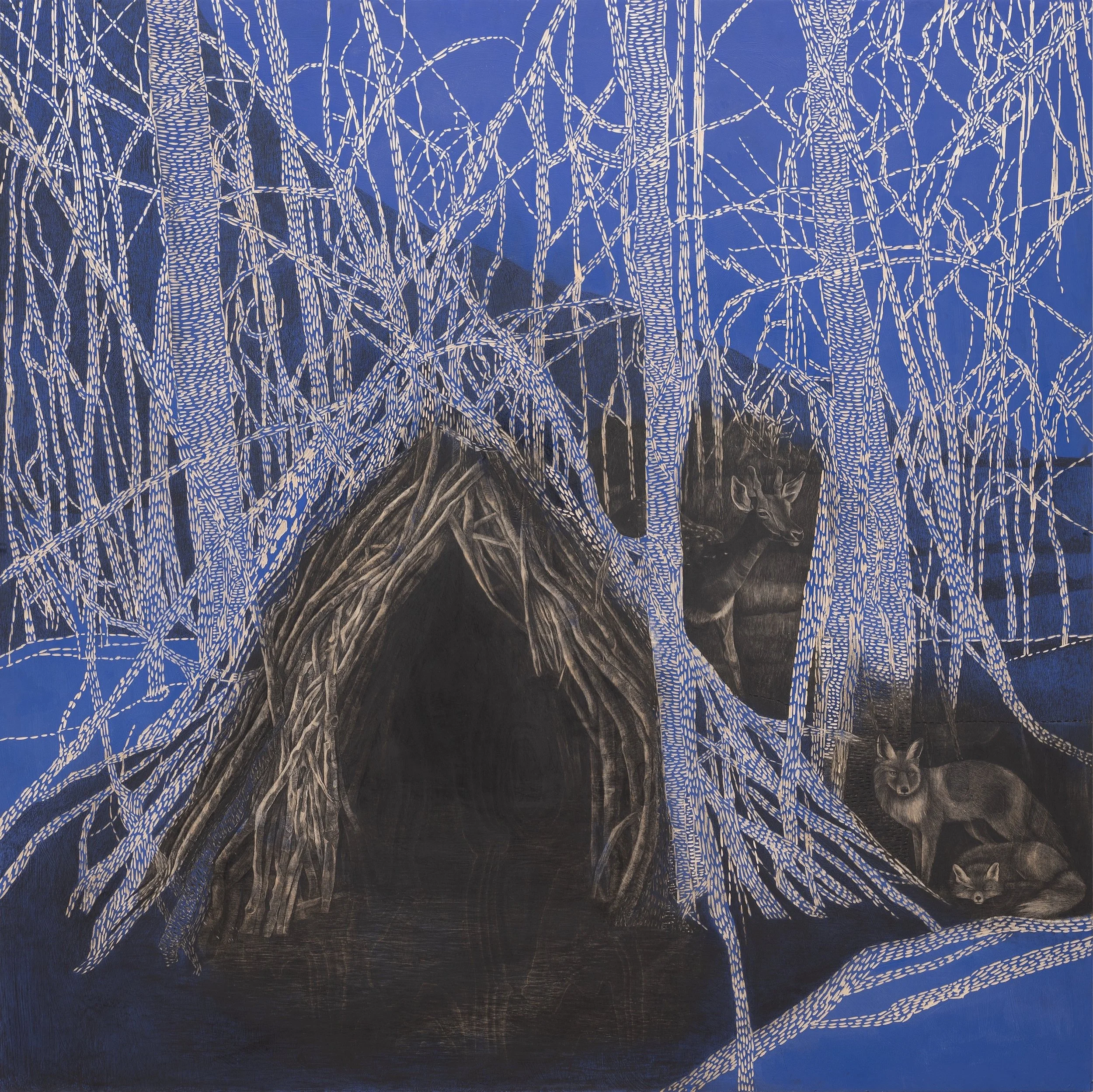 Facing East ~ 60" x 60" ~ Carved basswood, acrylic, charcoal