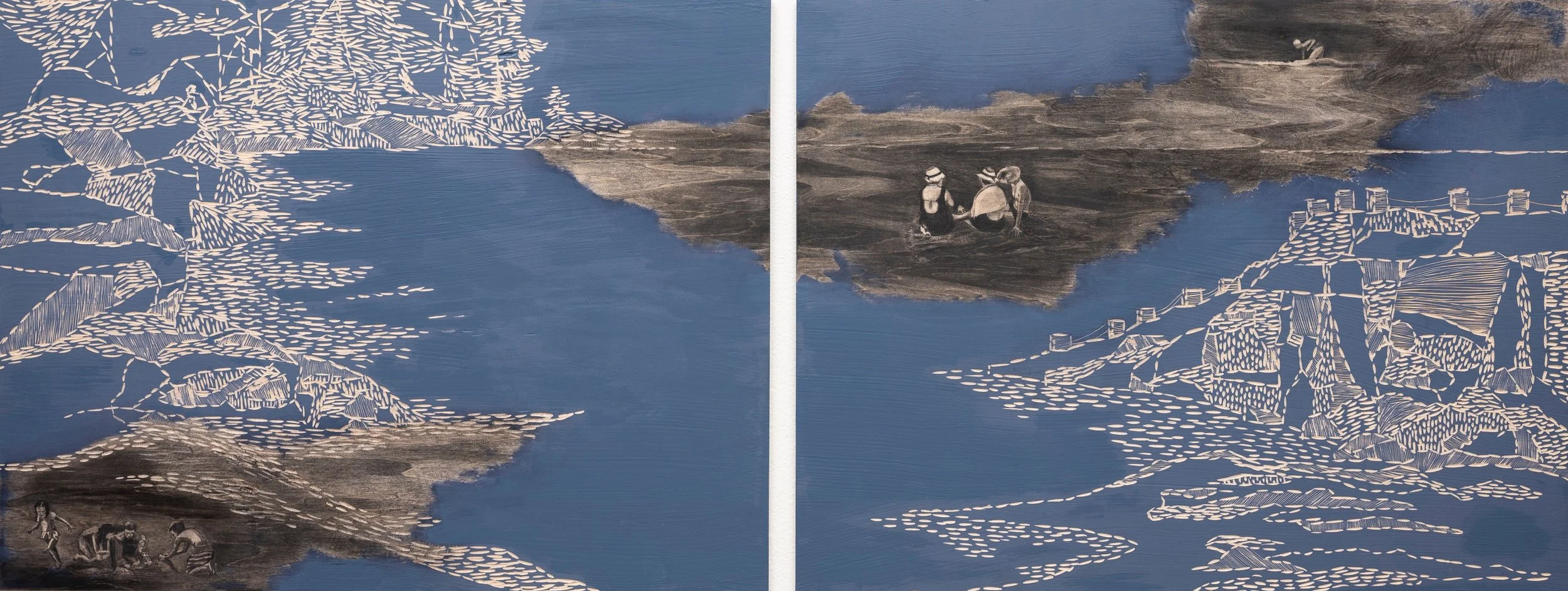 She Loved English Channel Blue ~ 24" x 48" ~ Carved basswood, acrylic, charcoal