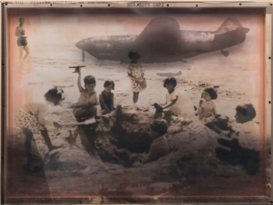 Day At The Beach 01 - Front View ~ Historic photos, vintage postage stamps, watercolors