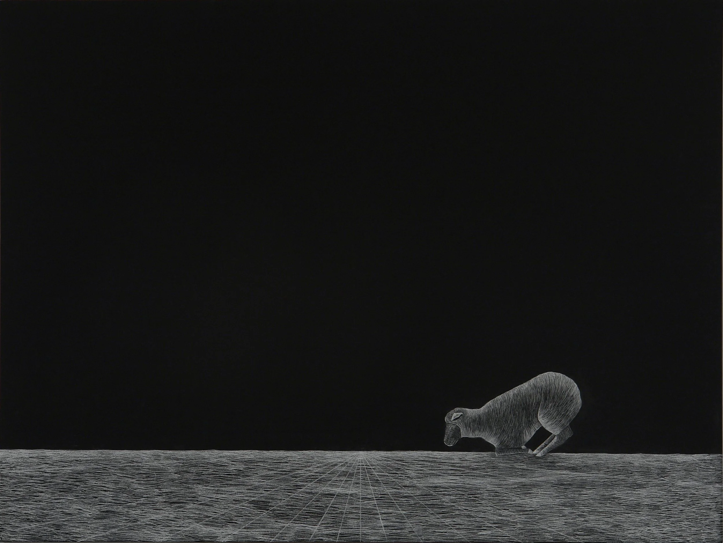 Praying Sheep ~ 40" x 30" ~ Black rag board, white chalk