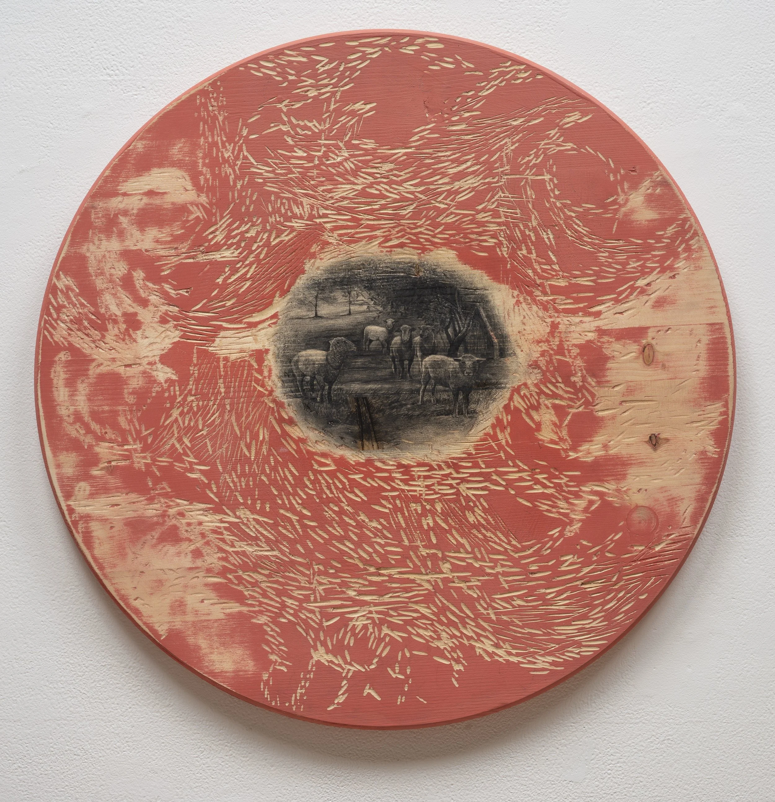 A Gathering of Five ~ 19" round ~ Carved basswood, acrylic, charcoal