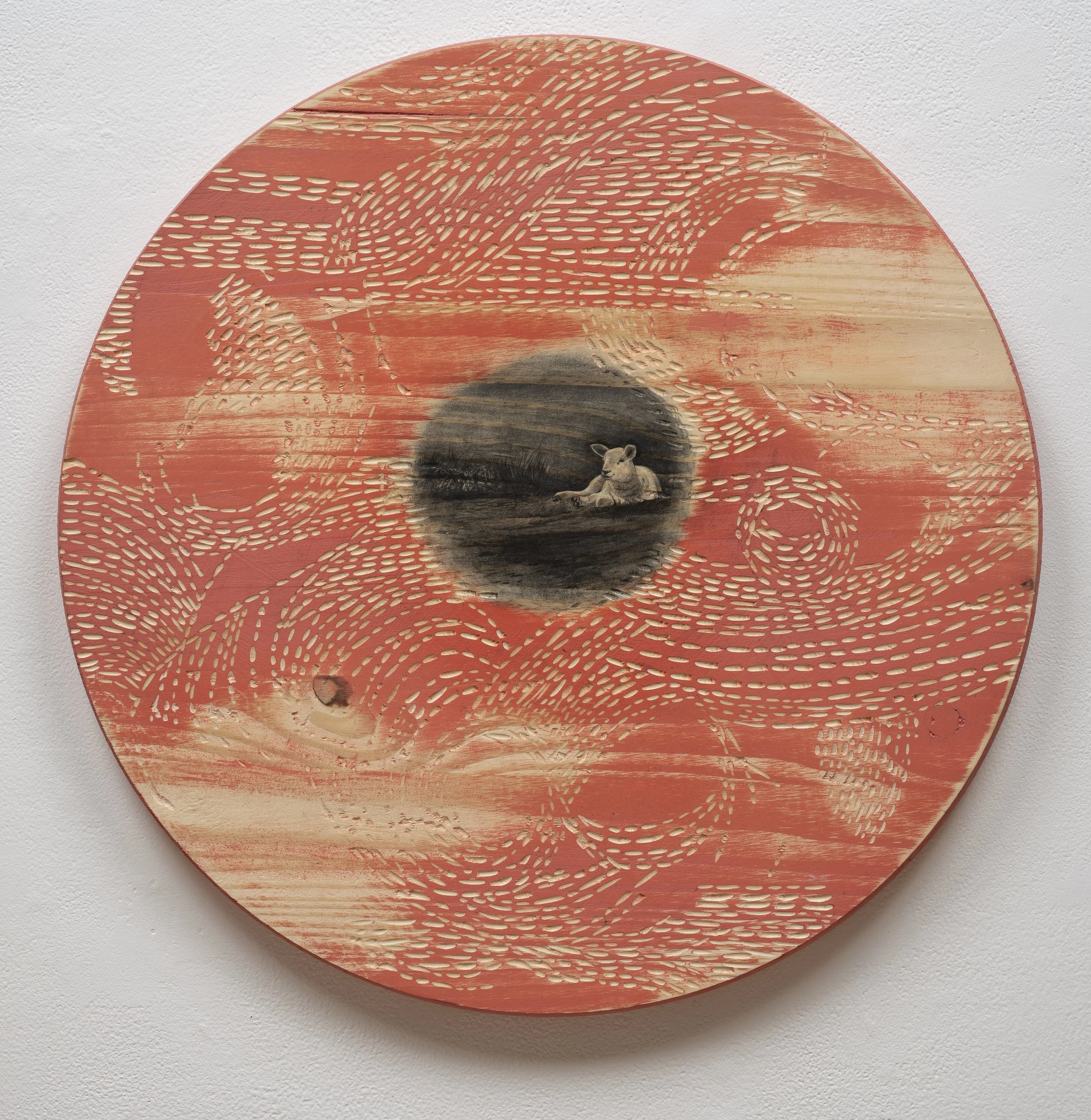 Solo Laghholm Lamb ~ 19" round ~ Carved basswood, acrylic, charcoal