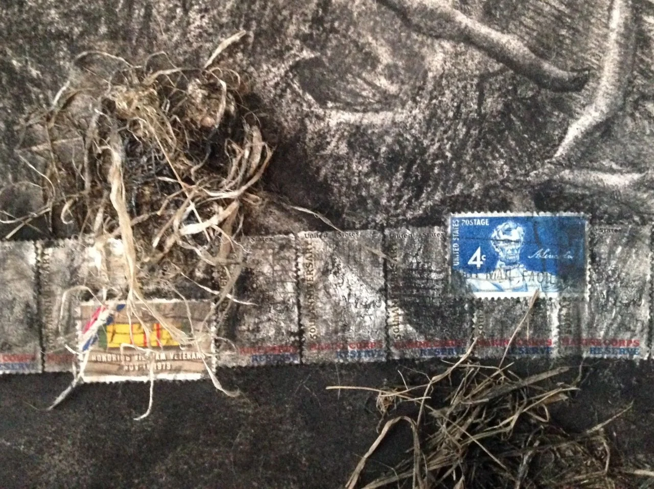 E Pluribus Unum - Detail 2 ~ Charcoal on cotton rag paper, vintage postage stamps, prairie grasses