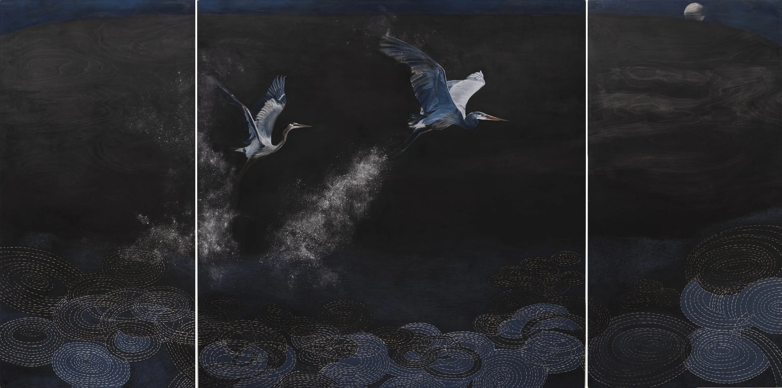 Midnight Ballad Of The Blue Heron ~ 60" x 120" ~ Carved basswood, acrylic, charcoal