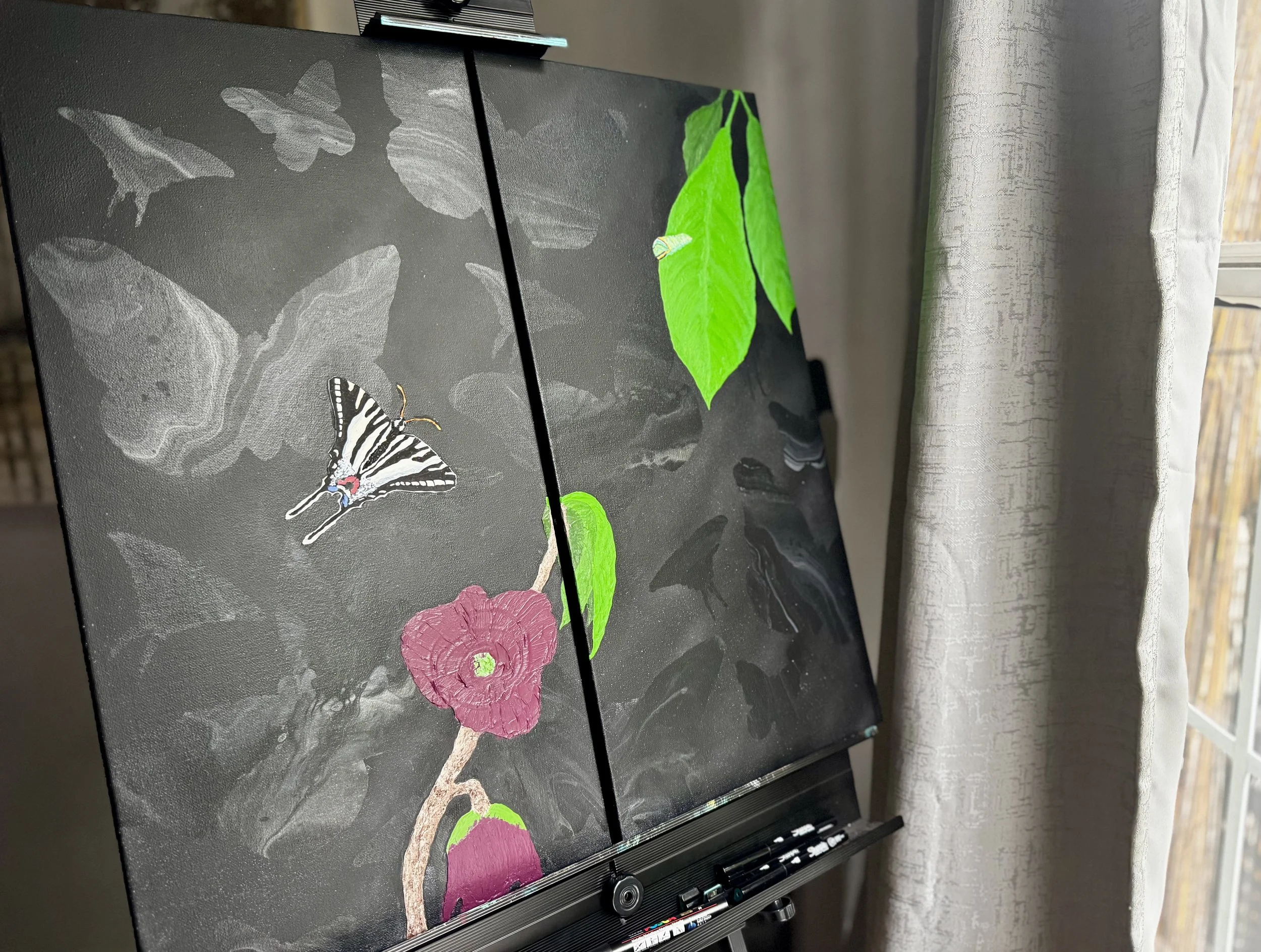 Abstract painting of zebra swallowtail butterfly and paw paw flowers and leaves.