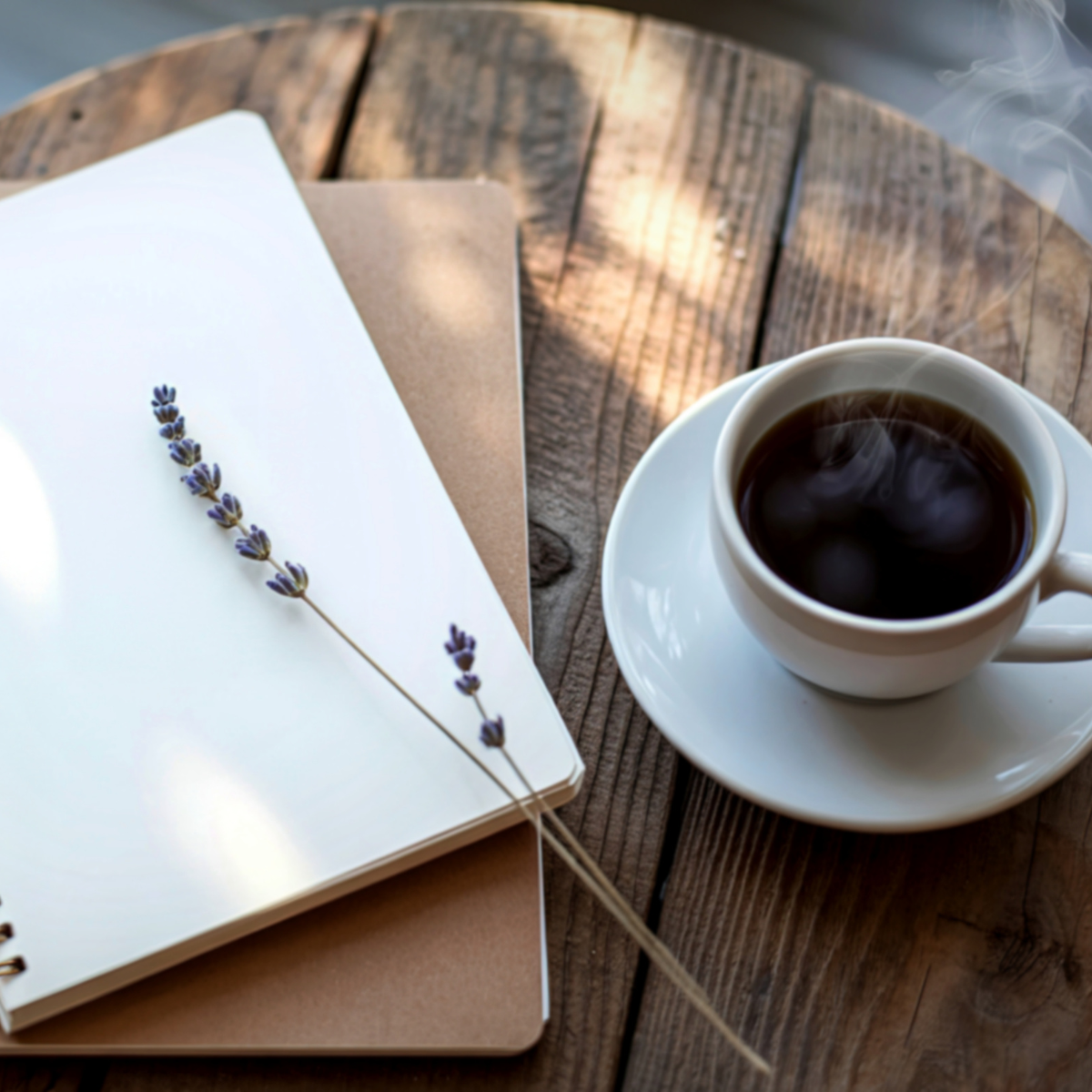 A white cup filled with black coffee on a saucer, a lavender sprig, and a closed notebook on a round wooden table.