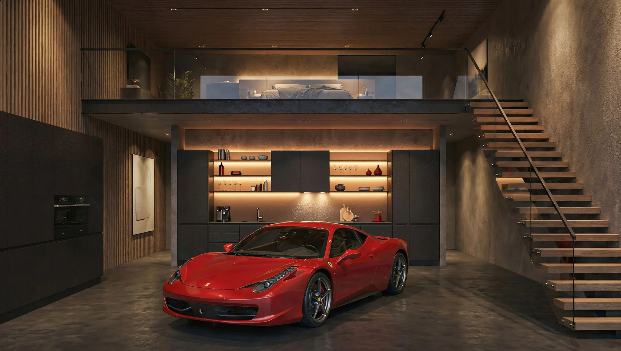 A red Ferrari sports car parked inside a modern, industrial-style garage with a mezzanine bedroom above. The garage features dark cabinetry, open shelving with decorative items, and a staircase with wooden steps and glass railing.