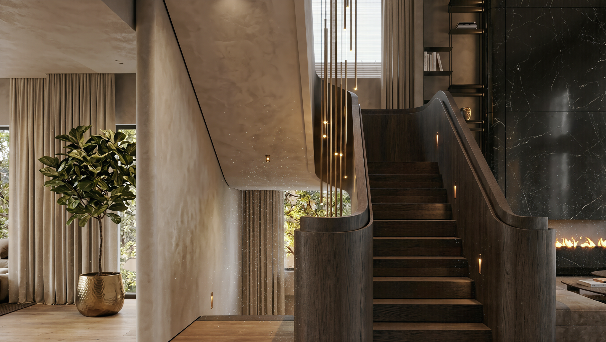 Interior of a modern home featuring a curved wooden staircase with integrated lighting, a black marble fireplace, and large windows with beige curtains revealing greenery outside.