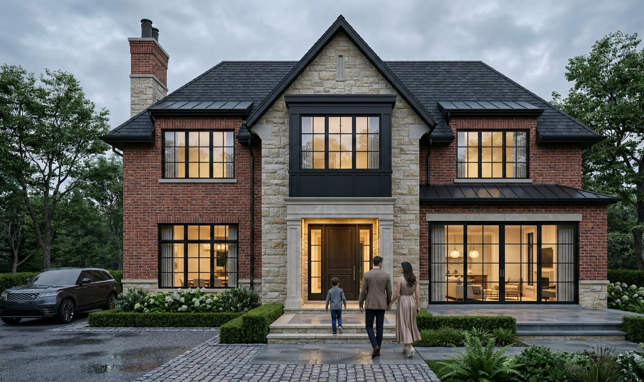 A large two-story modern house with brick and stone exterior, black window frames, and a front porch. A family of three walks up the steps toward the front door. The house has large windows with warm lighting inside, and a black car is parked in the driveway. Surrounding greenery and trees are visible, and the sky is overcast.