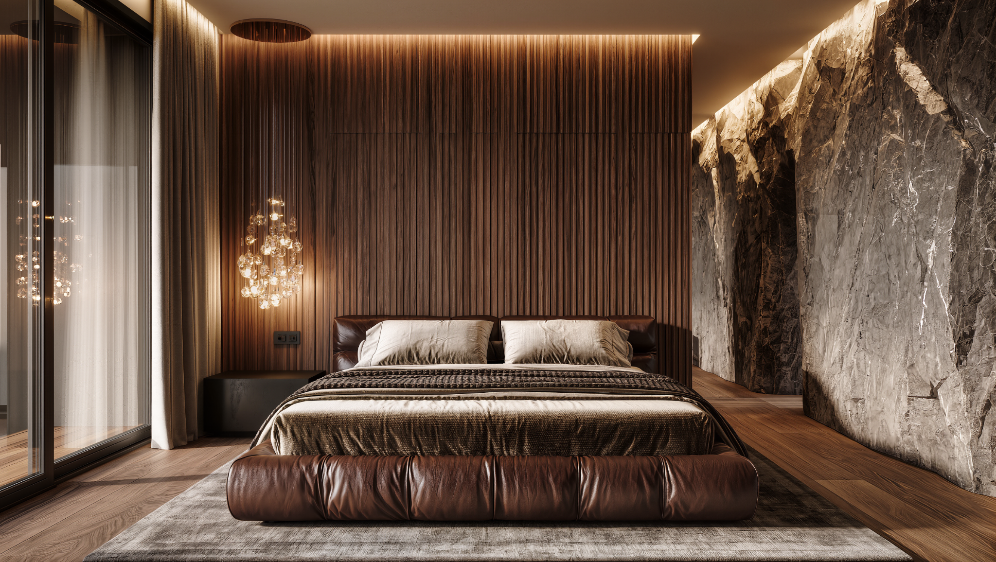 A modern bedroom featuring a leather bed with beige pillows, a wooden accent wall, marble walls on one side, a gray rug, hanging pendant lights, and sliding glass doors with curtains.