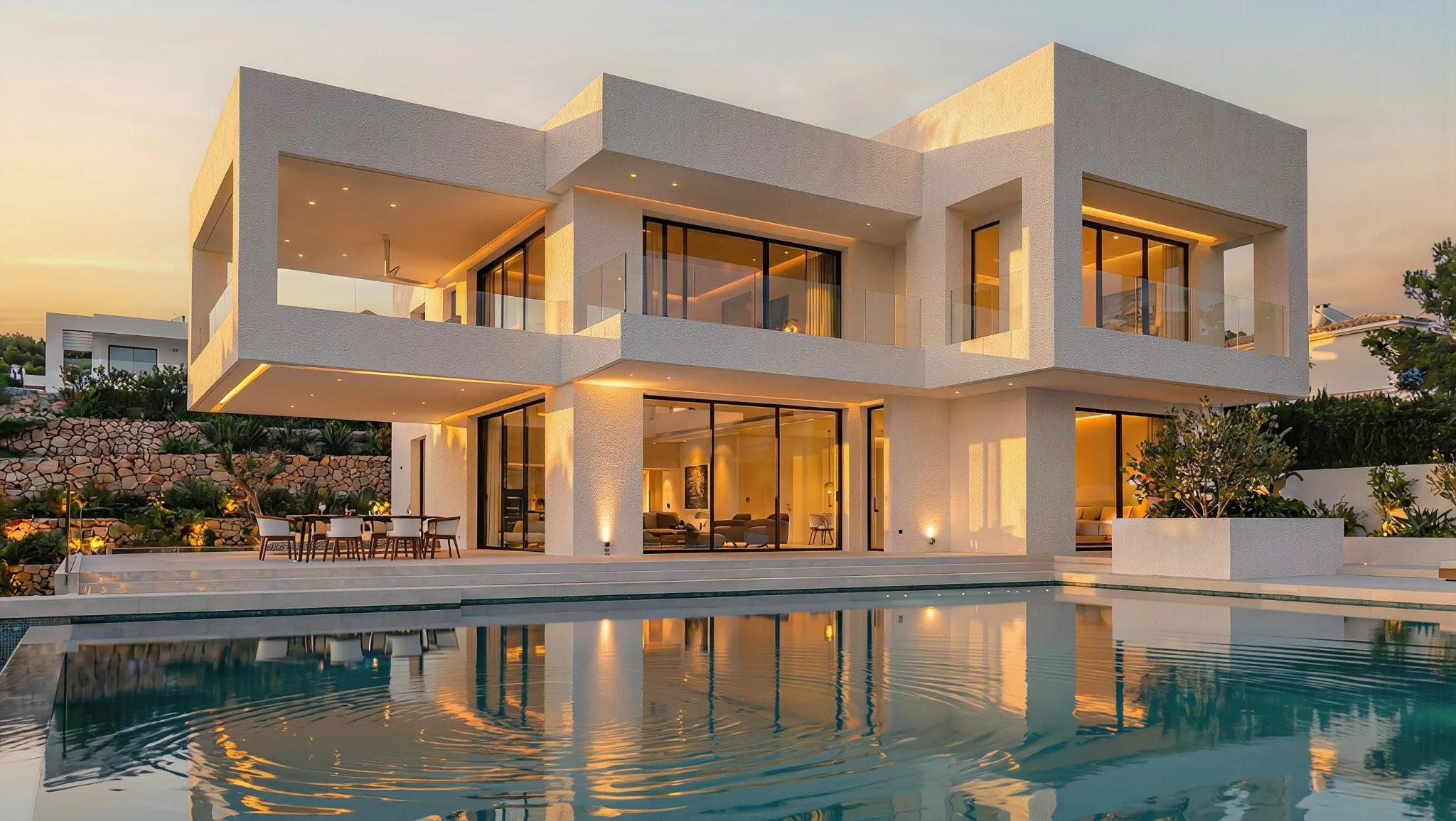 Modern two-story white house with large glass windows and a pool in the foreground, illuminated by warm outdoor lighting during sunset.