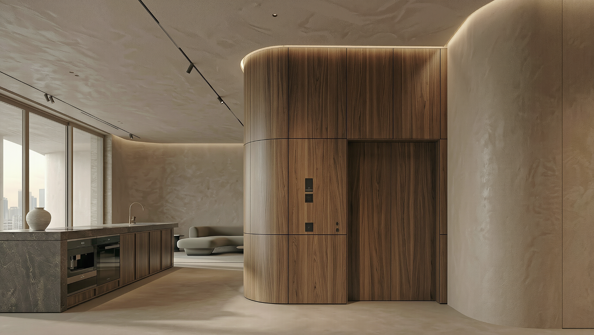 Modern apartment interior with large windows, a kitchen island with a marble countertop, and a curved wooden wall with built-in storage and control panels.
