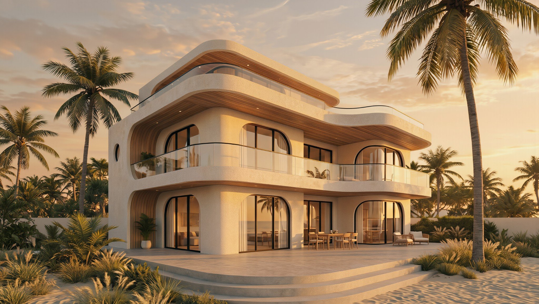A modern, multi-story beachfront house with curved architecture and large glass windows, surrounded by palm trees at sunset.
