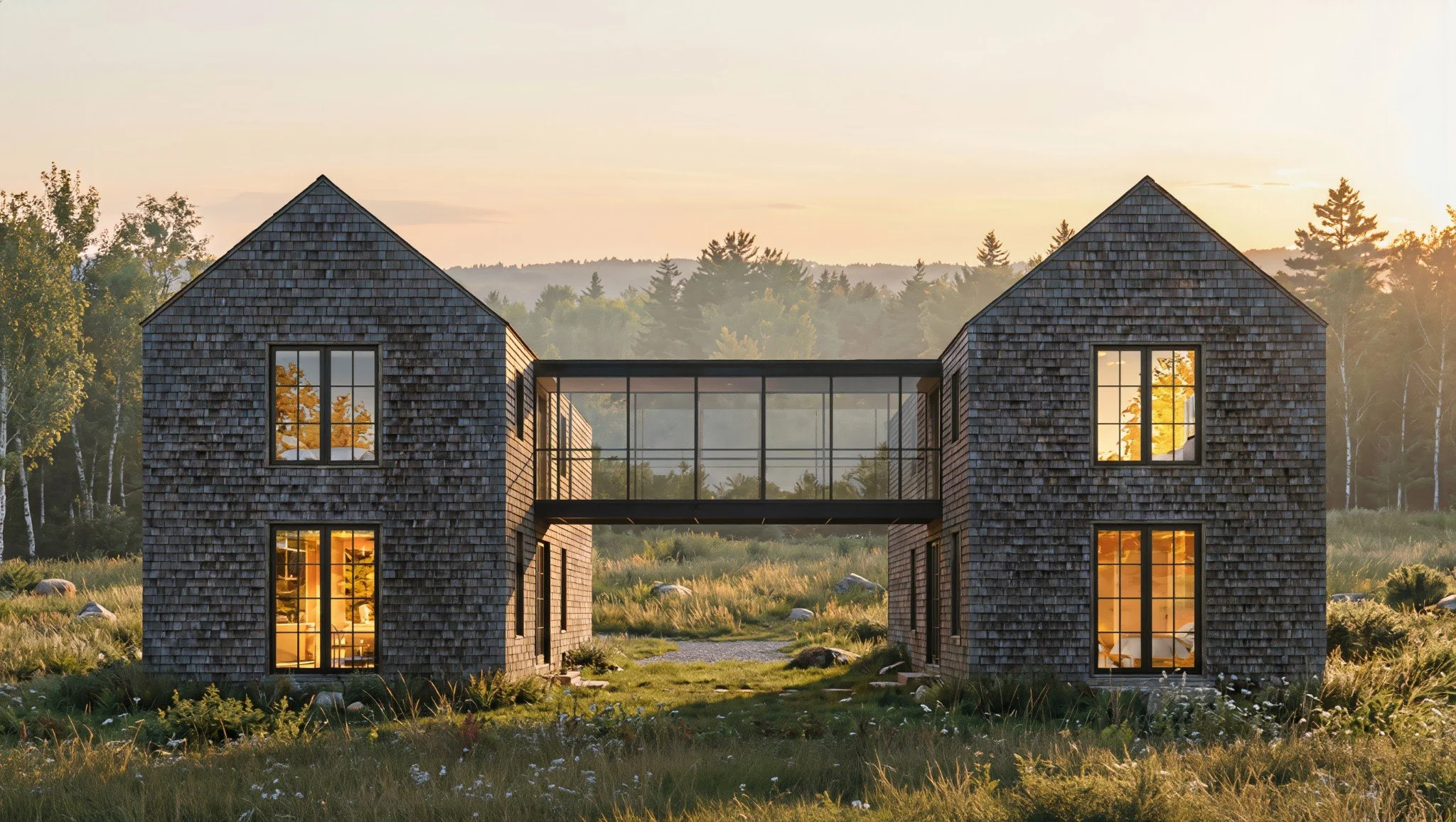 A modern two-story house with a bridge connecting its two gabled sections, surrounded by greenery at sunset.
