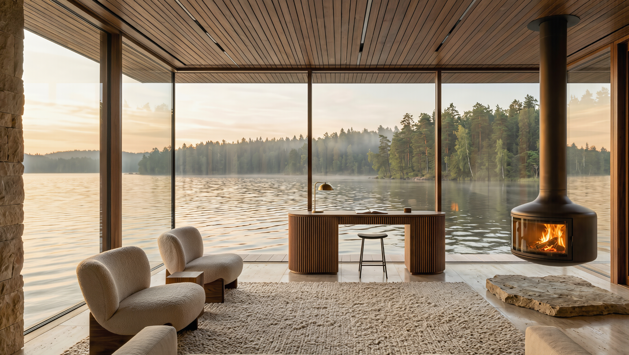 Living room with large glass windows overlooking a lake and forest at sunset, featuring a fireplace, two beige armchairs, and a small wooden desk with a stool.