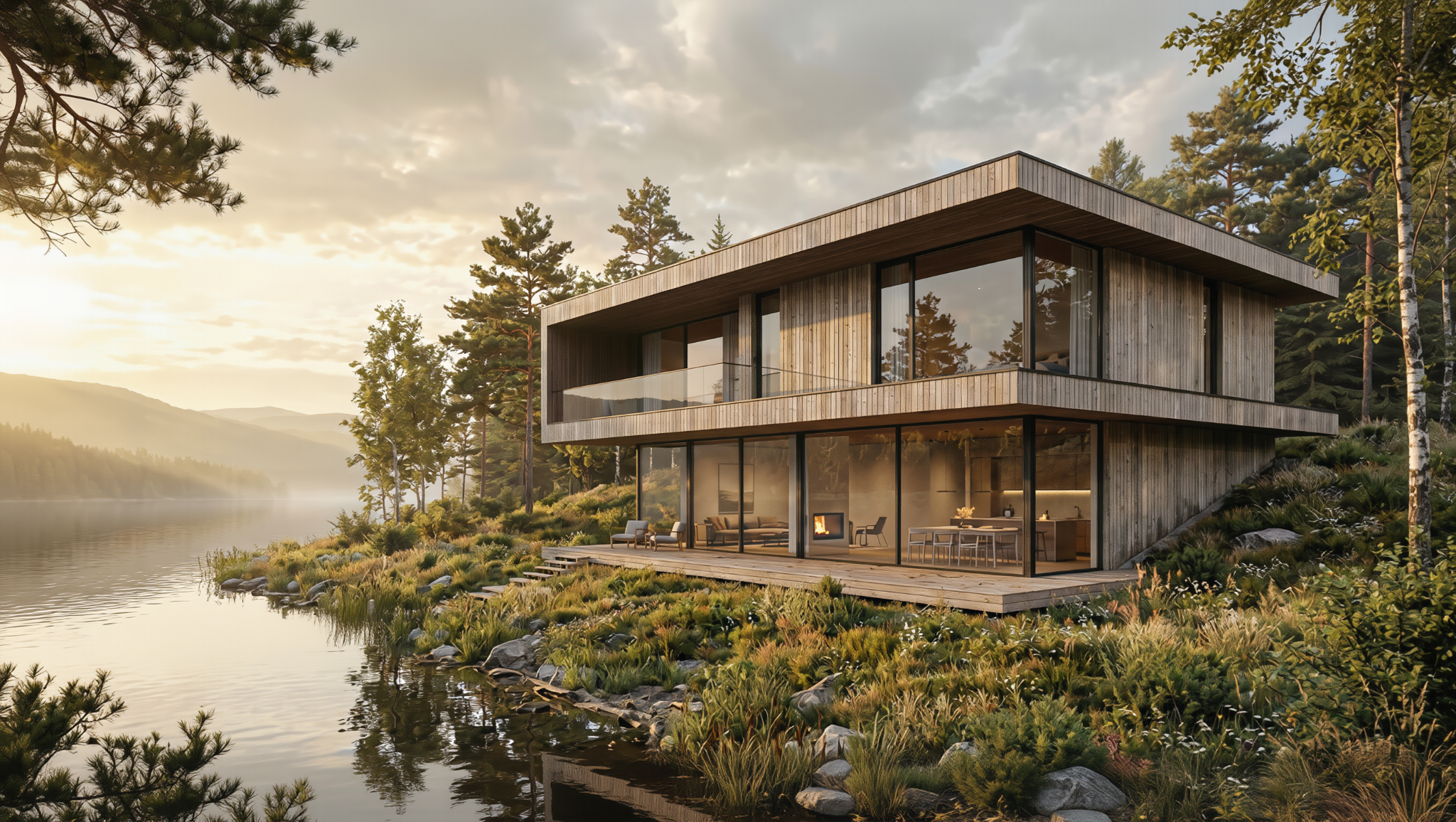 Modern two-story house with large glass windows, situated by a lakeshore surrounded by trees and mountains, during sunset.