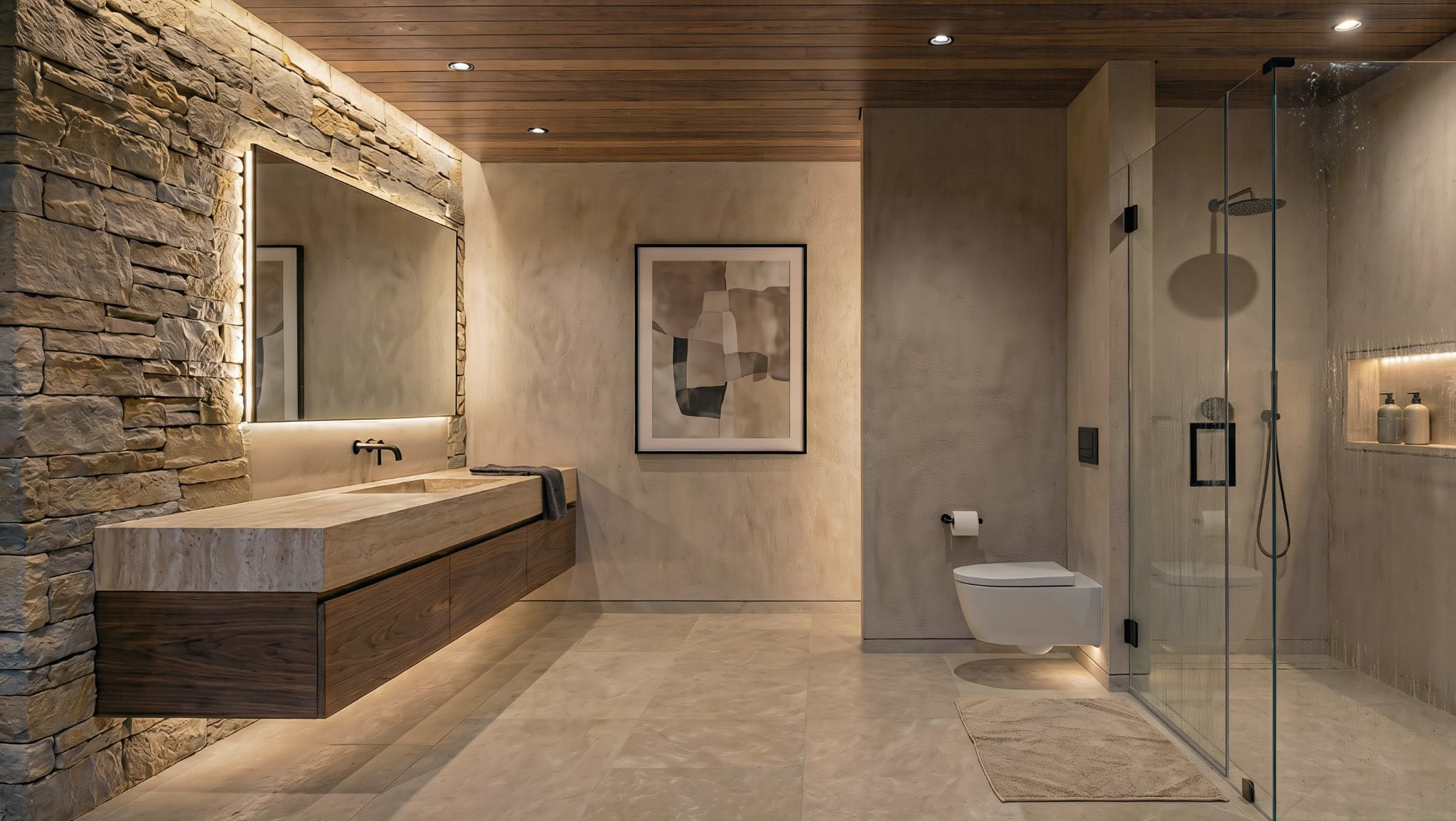 Modern bathroom with stone wall, large mirror with lighting, beige sink and cabinetry, abstract artwork, wall-mounted toilet, glass shower with built-in niche, and minimalist decor.