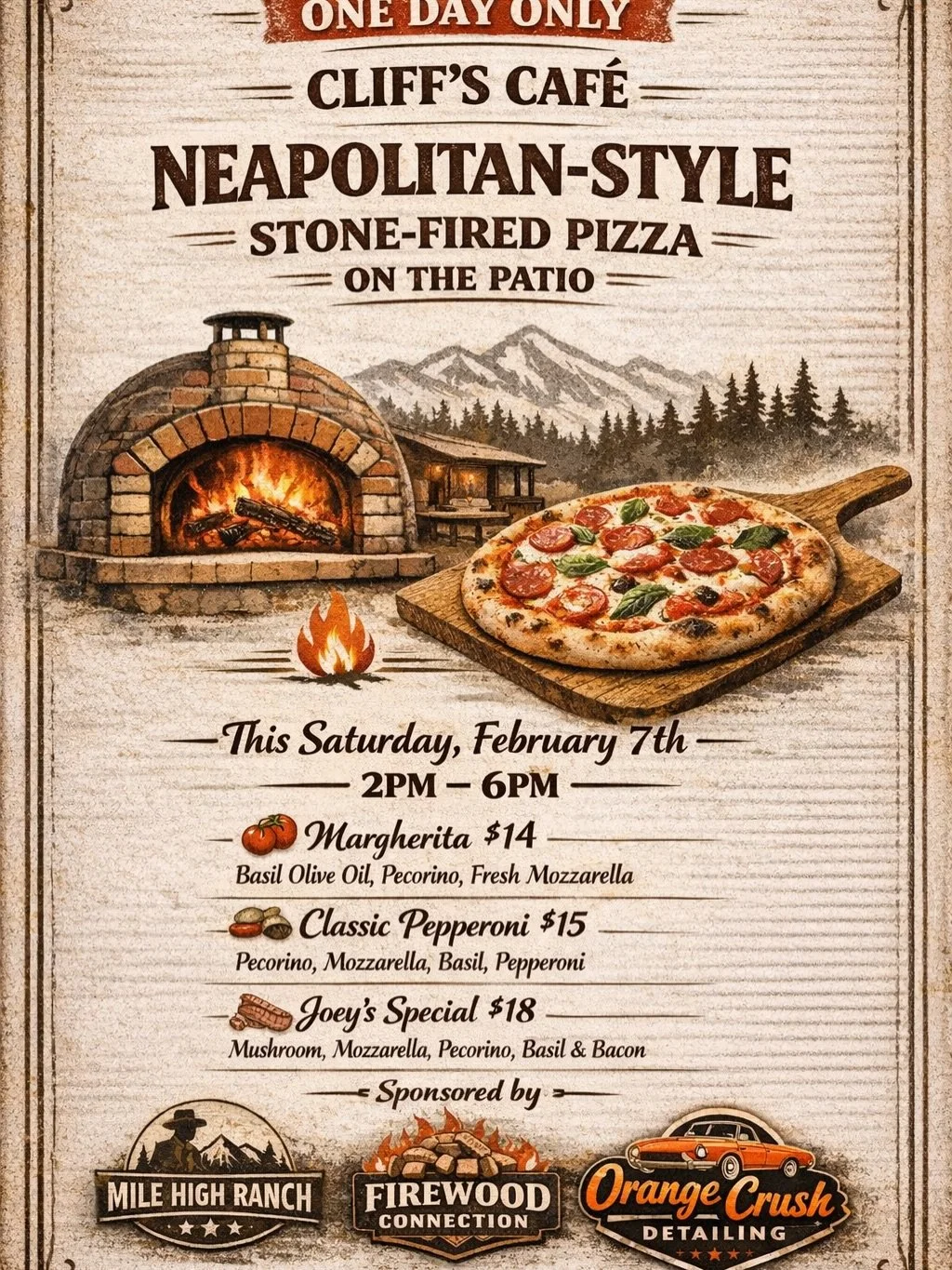 🔥🍕 This Saturday at Cliff&rsquo;s Caf&eacute;! 🍕🔥

Neapolitan stone-fired pizza on the patio&mdash;the real deal. Rustic, simple, and cooked hot the way it should be.

📅 Saturday, February 7th
⏰ 2PM &ndash; 6PM
📍 Cliff&rsquo;s Caf&eacute; Patio