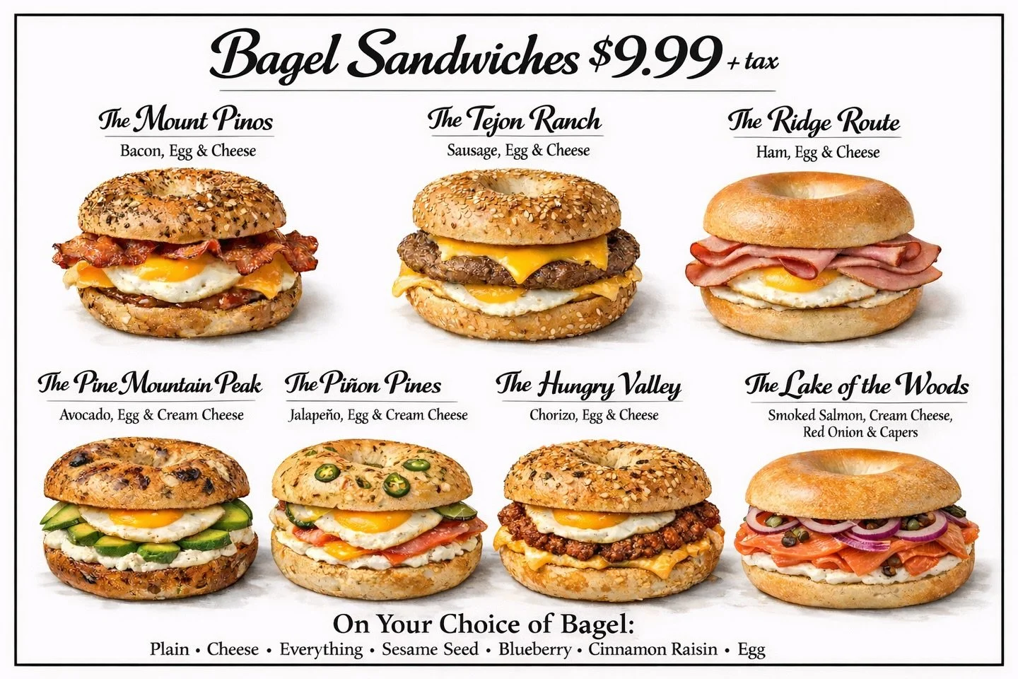 Inspired by the mountains, valleys, and landmarks that make Frazier Park home.
Classic, hearty, and made fresh&mdash;just the way it should be.

✨ Bagel Sandwiches | $9.99 + tax

⛰️ The Mount Pinos &ndash; Bacon, Egg &amp; Cheese
🌾 The Tejon Ranch &