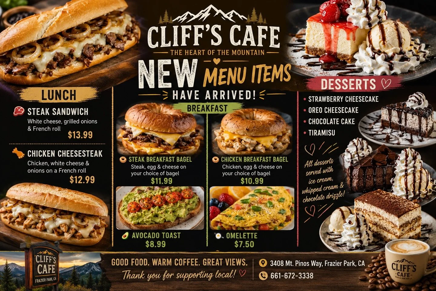 BIG NEWS from Cliff&rsquo;s Cafe 🍴🔥

We just dropped a bunch of brand new menu items and they&rsquo;re seriously good.

🥩 New steak sandwiches
🍗 Chicken cheesesteaks
🥯 Steak &amp; chicken breakfast bagels
🥑 Avocado toast
🍳 Omelettes
🍰 Cheesec