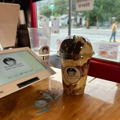 photo of a mocha frappuccino with the Cliff's logo