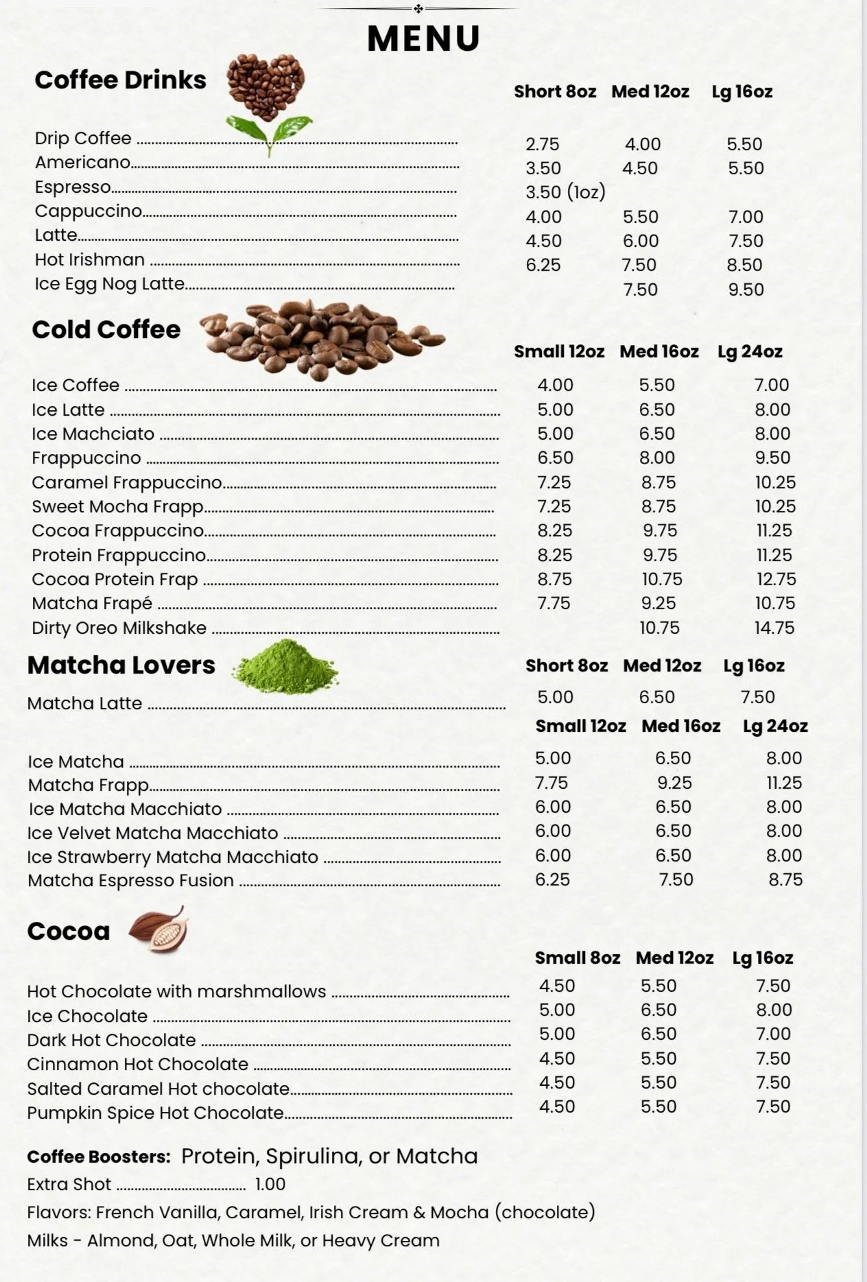 photo of Cliff's drink menu with prices