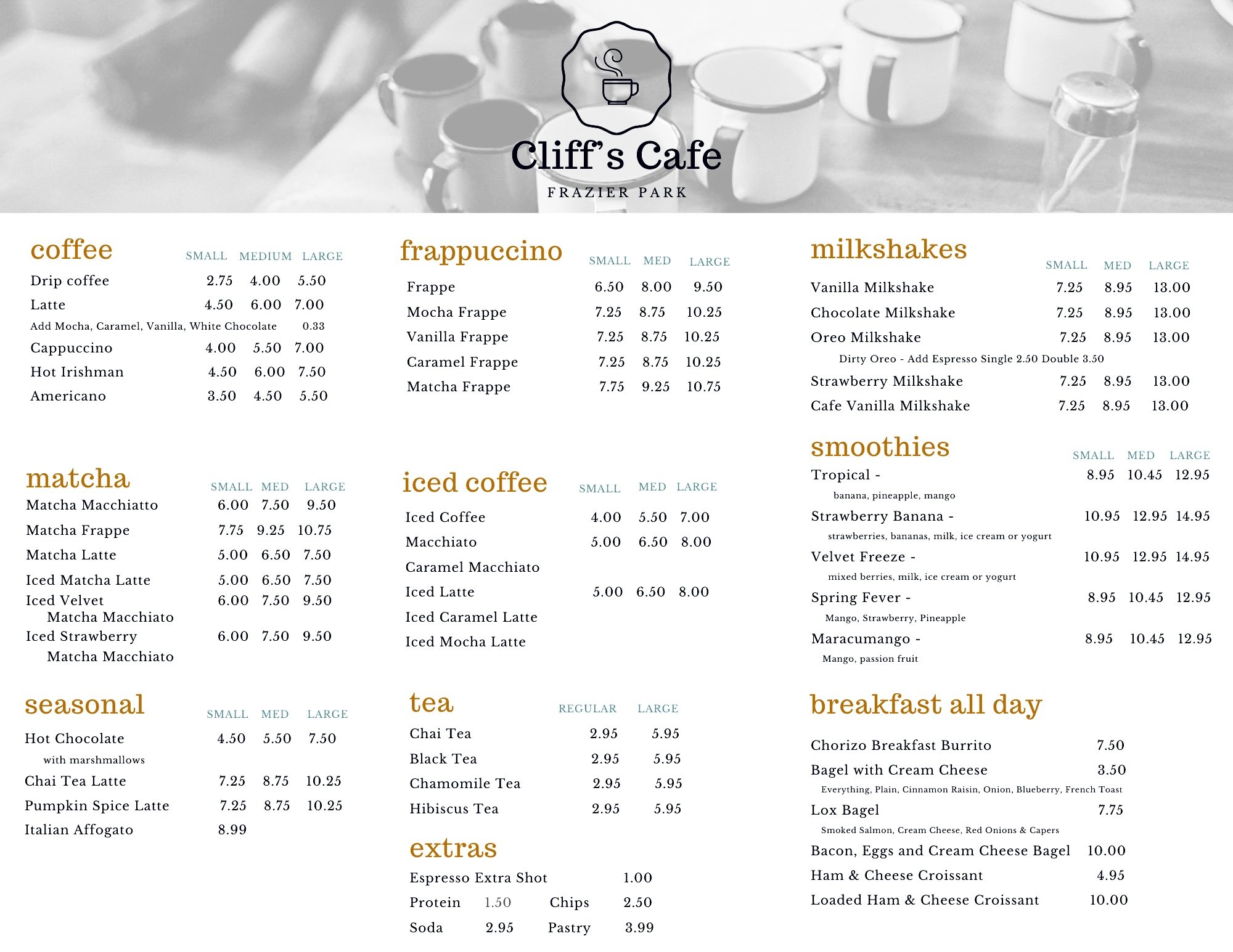 photo of Cliff's full menu with prices