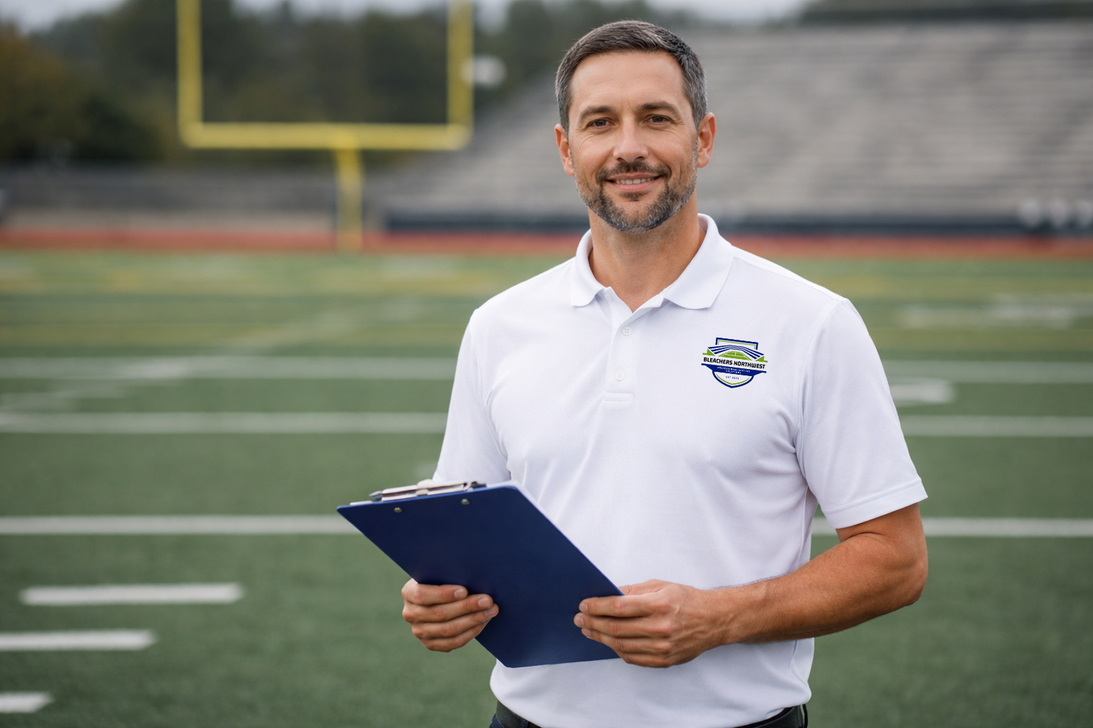Professional Bleachers NW team member on a football field with clipboard, representing event seating planning, delivery, and setup services.